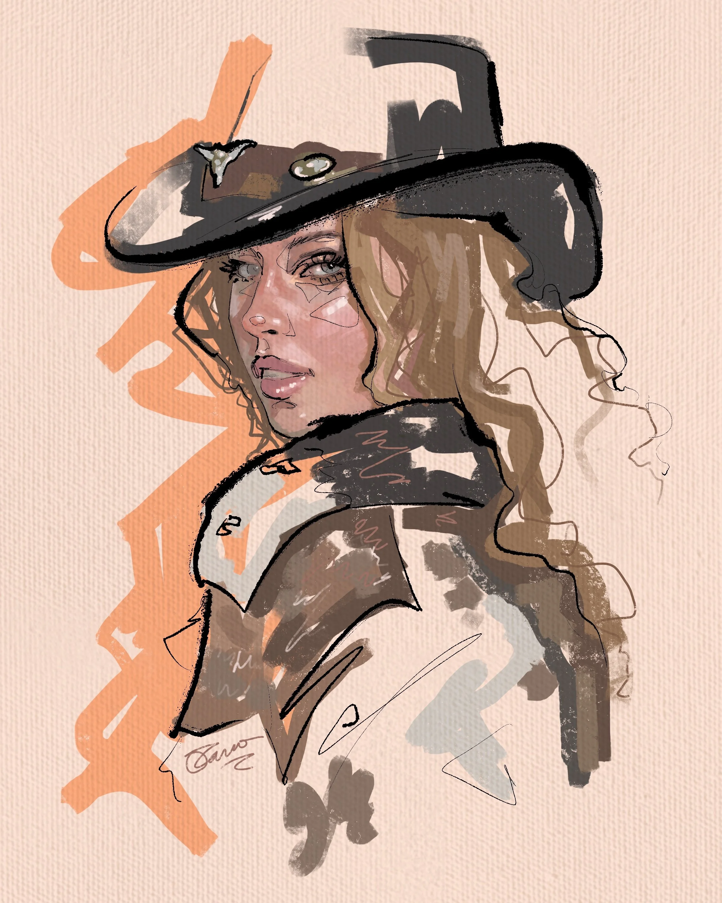 Stylized digital artwork of a woman wearing a wide-brimmed hat with a bird and decorative item, with bottom part of her face, hair, and clothing visible.