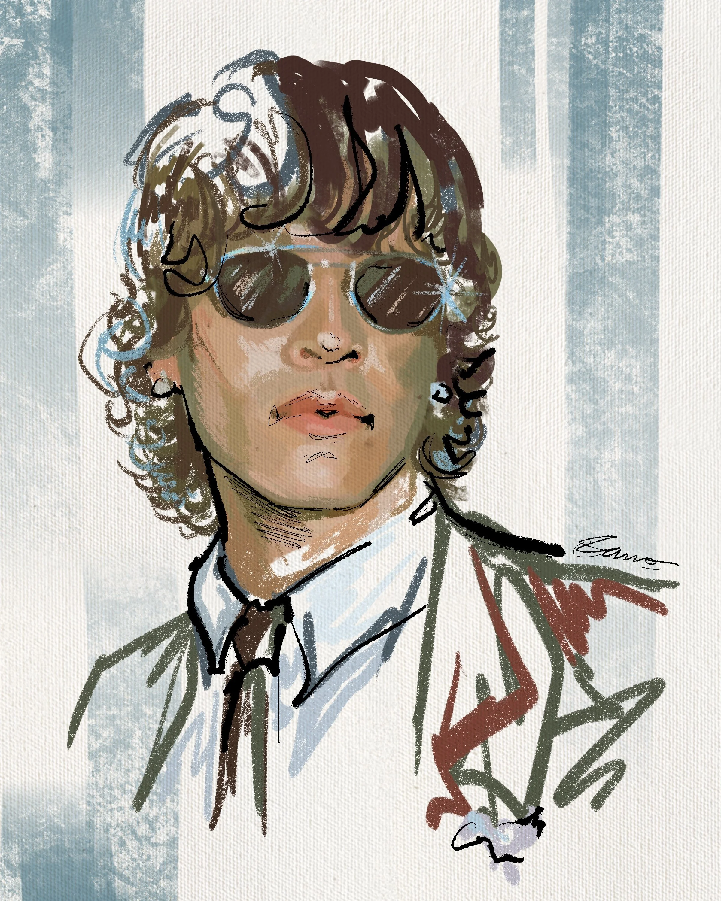 An abstract portrait of a person with curly hair and glasses, wearing a shirt and blazer, with a signature reading "Eano" at the bottom right.