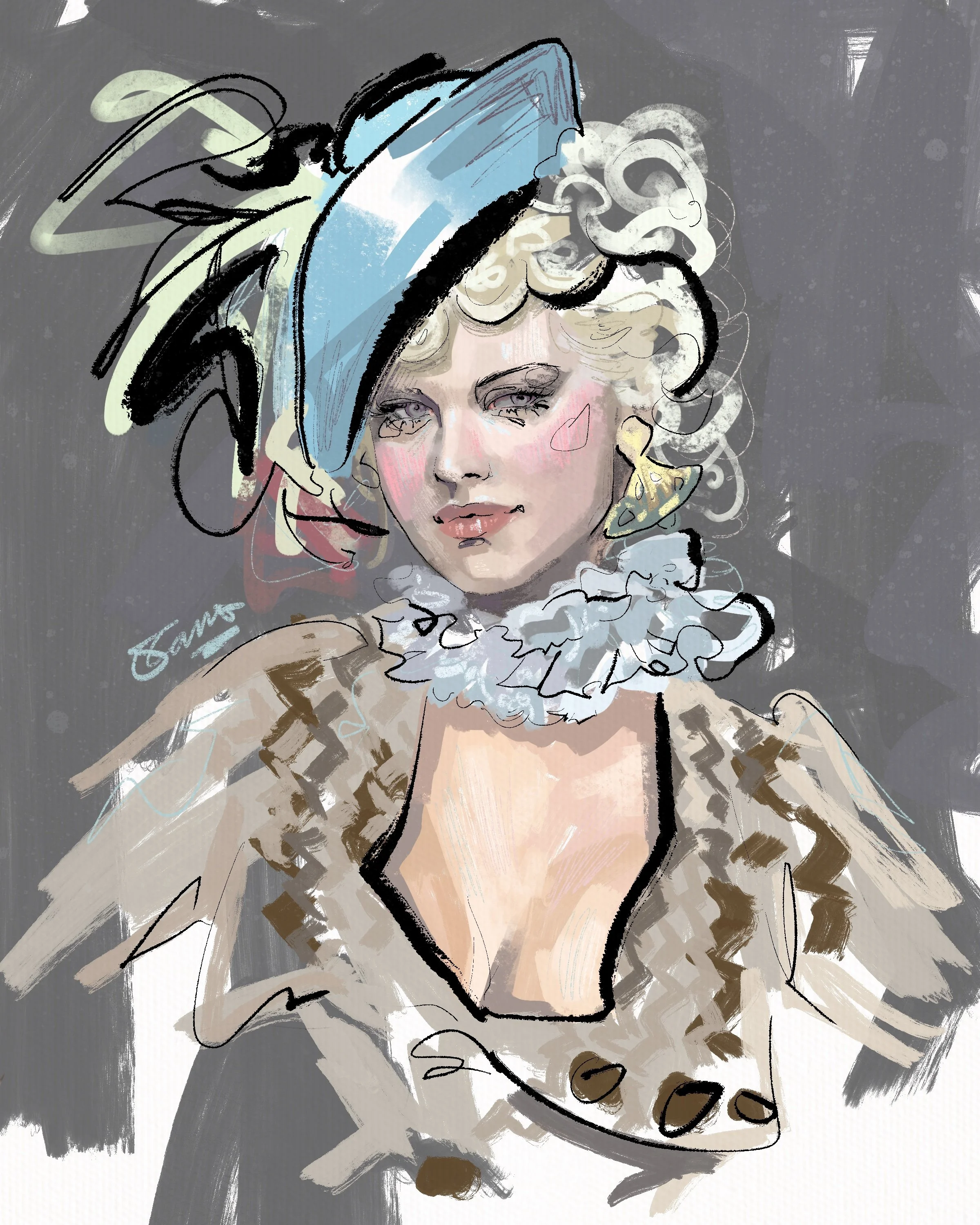 An artistic illustration of a woman with curly blonde hair wearing a blue hat with feathers, a white ruffled collar, and a low-cut top, depicted in a painterly style.