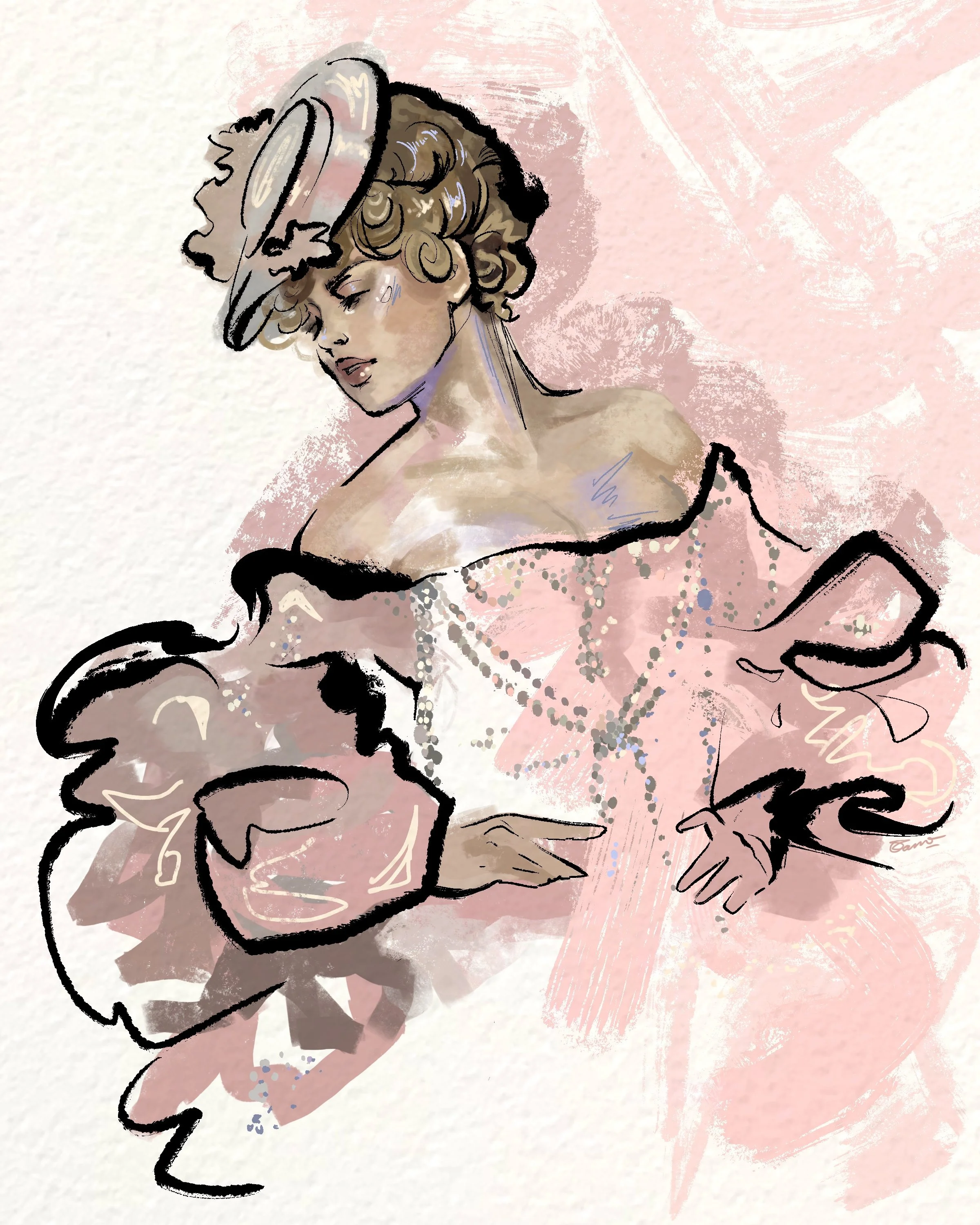 A watercolor-style illustration of a woman with curly hair wearing a wide-brimmed hat, off-shoulder dress, and long strand of pearls, with a pink textured background.
