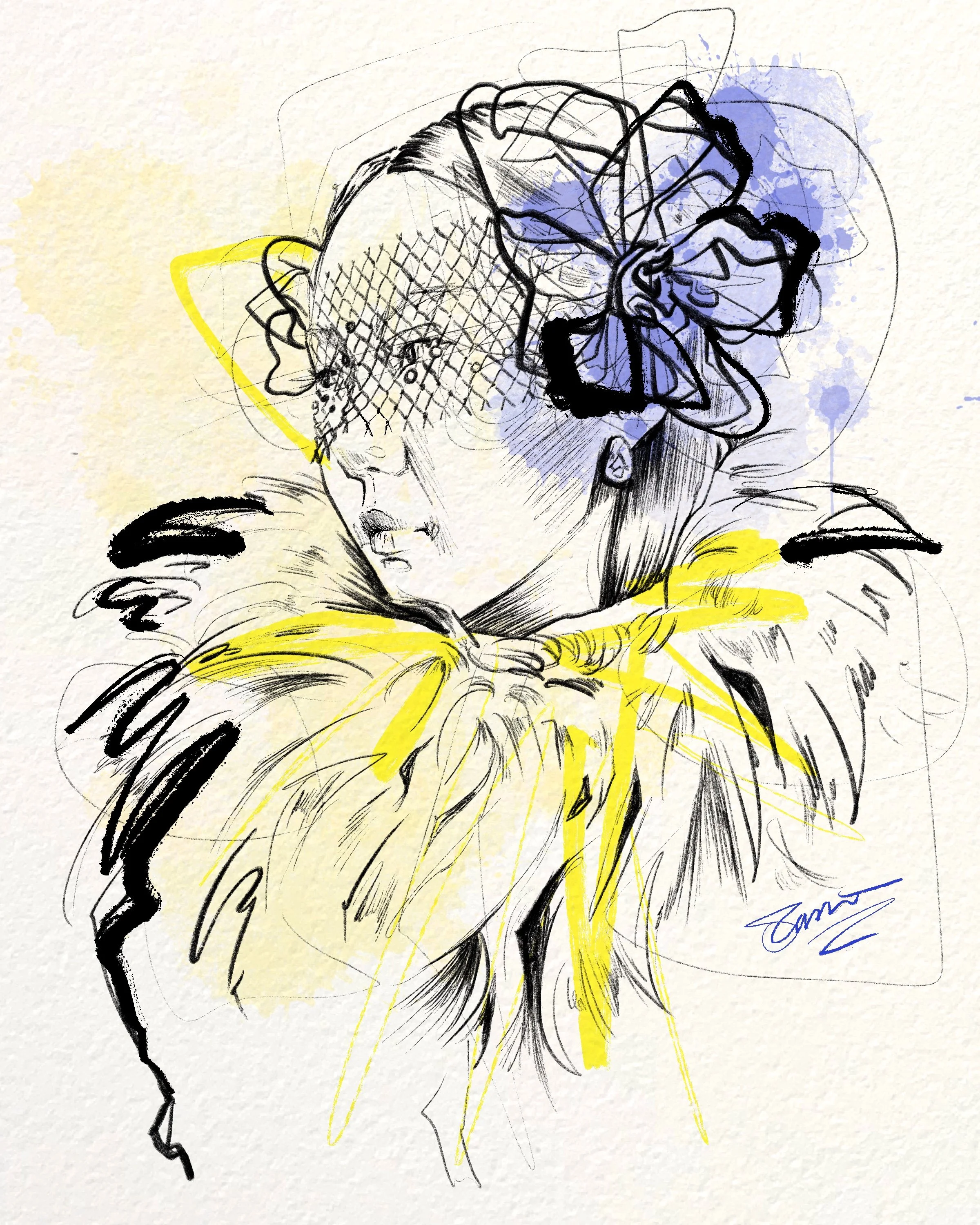 An artistic sketch of a woman with glasses, wearing a hat with netting, and a large feathered collar, painted with black ink and touches of yellow and blue watercolor.
