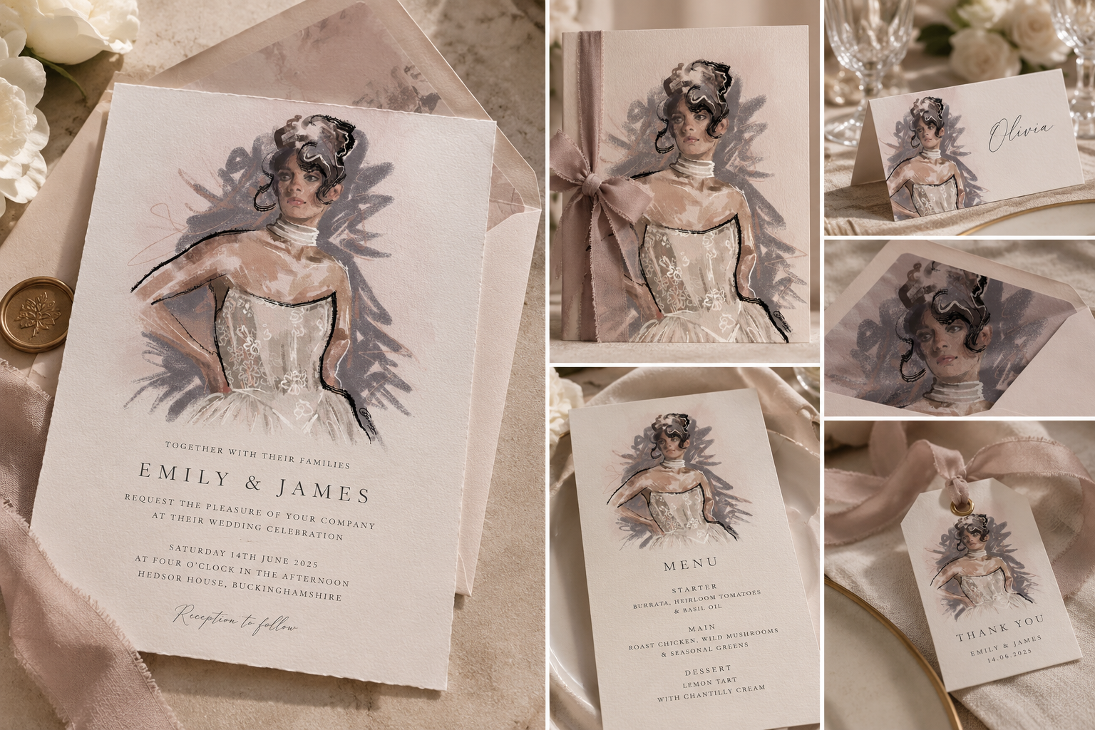 Wedding invitation suite featuring a watercolor portrait of a woman in a wedding dress, with matching menu, thank you note, and table card. The suite is decorated with pink ribbons and is surrounded by flowers, a wax seal, and elegant tableware.