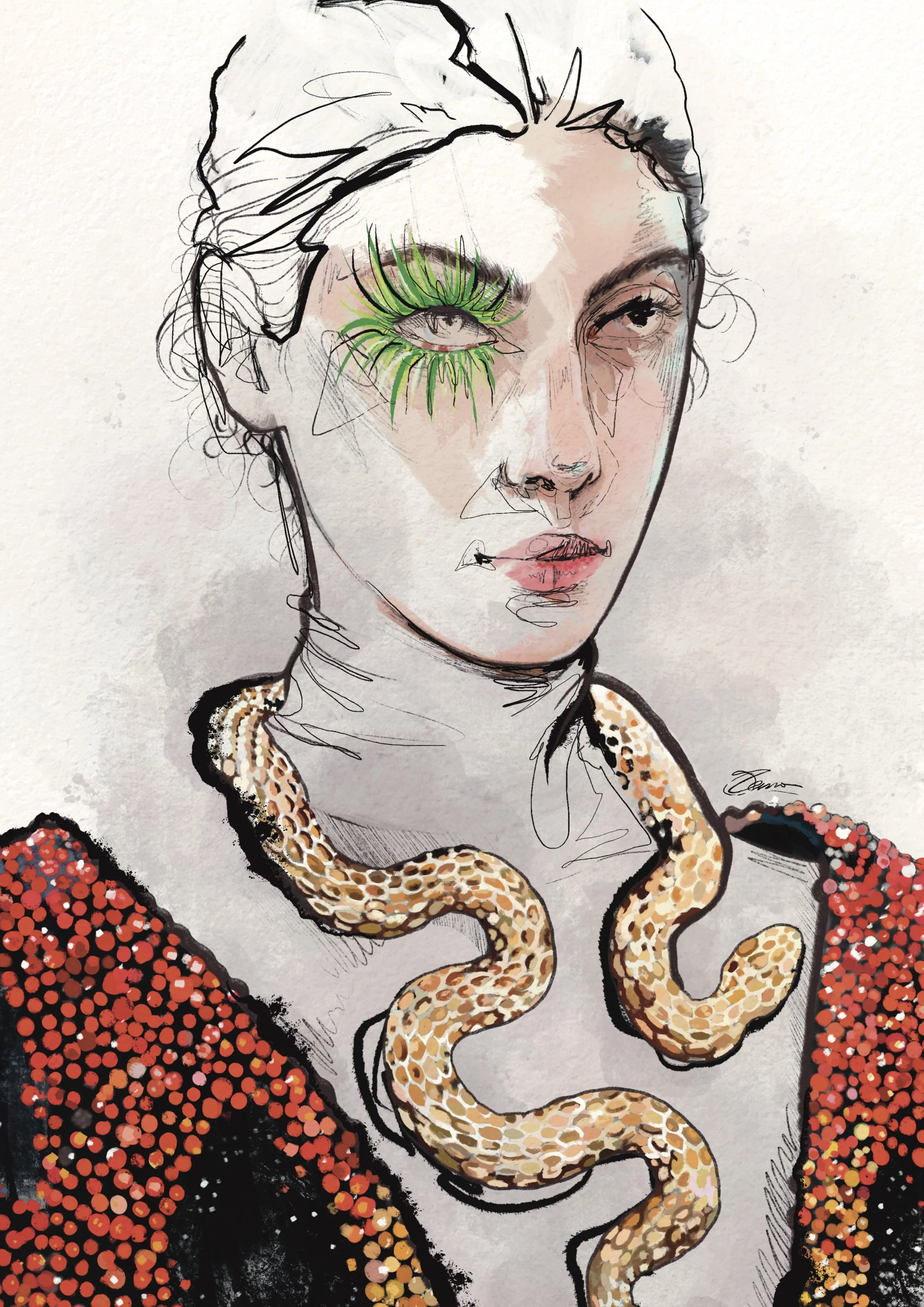 Digital drawing of a woman with a green lash covering her left eye, wearing a red and black patterned jacket, with a yellow snake wrapped around her neck.