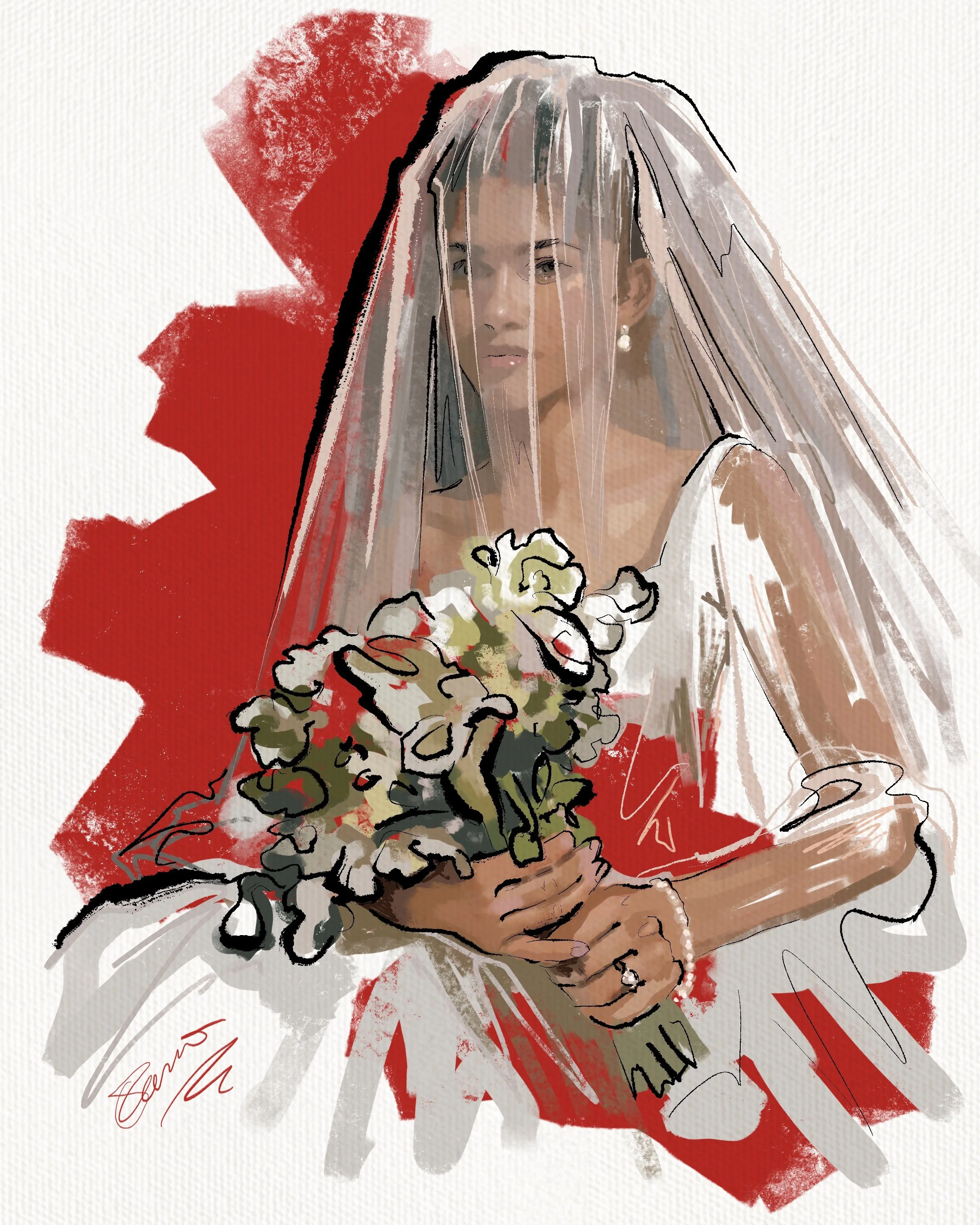 A woman with gray hair styled in loose waves, wearing pearl earrings and a white dress, holding a bouquet of white flowers, with a red and white abstract background.