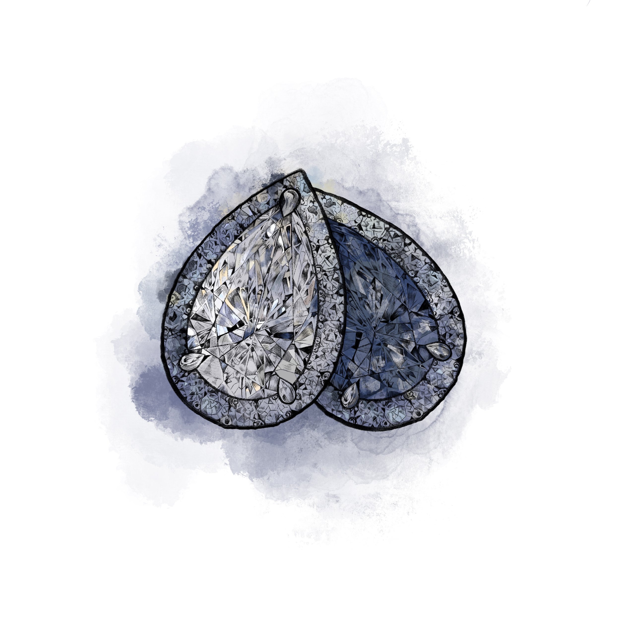 Watercolor-style drawing of a butterfly with intricate wing patterns in shades of blue, black, and white.