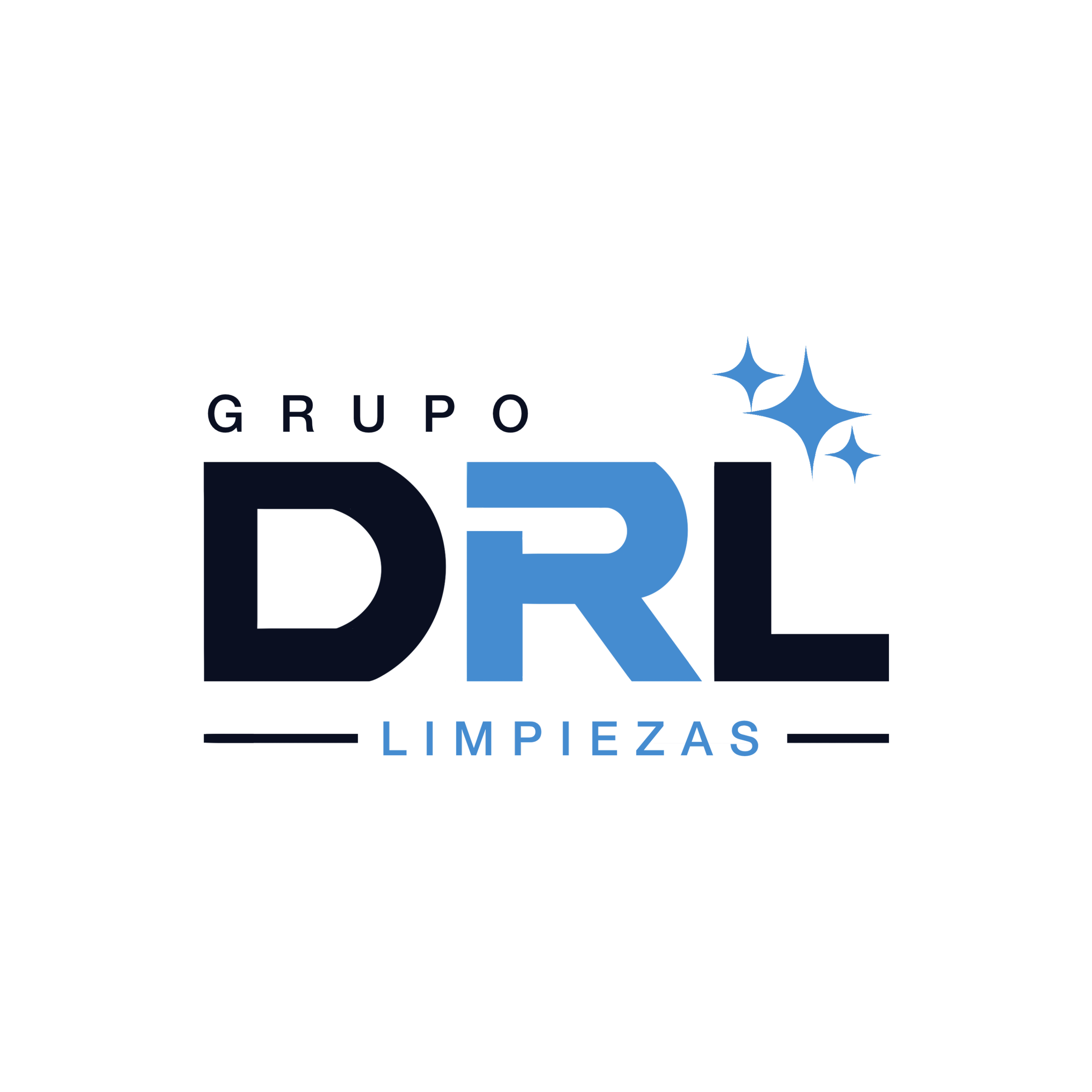 Logotipo del Grupo Límpezas con letras azules y negras, estrellas azules y fondo negro.
