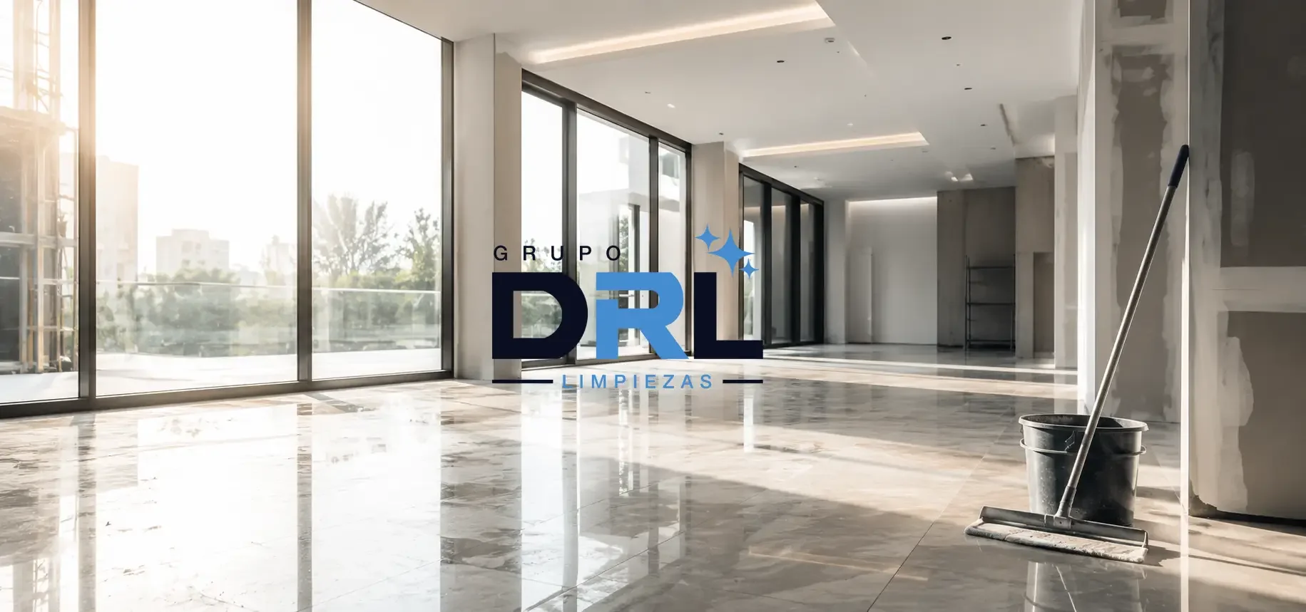 Interior de un espacio en construcción o en proceso de limpieza, con gran ventanal y piso de mármol brillante, y una fregona con cubeta en primer plano, logotipo de Grupo DRL Limpiezas en el centro.