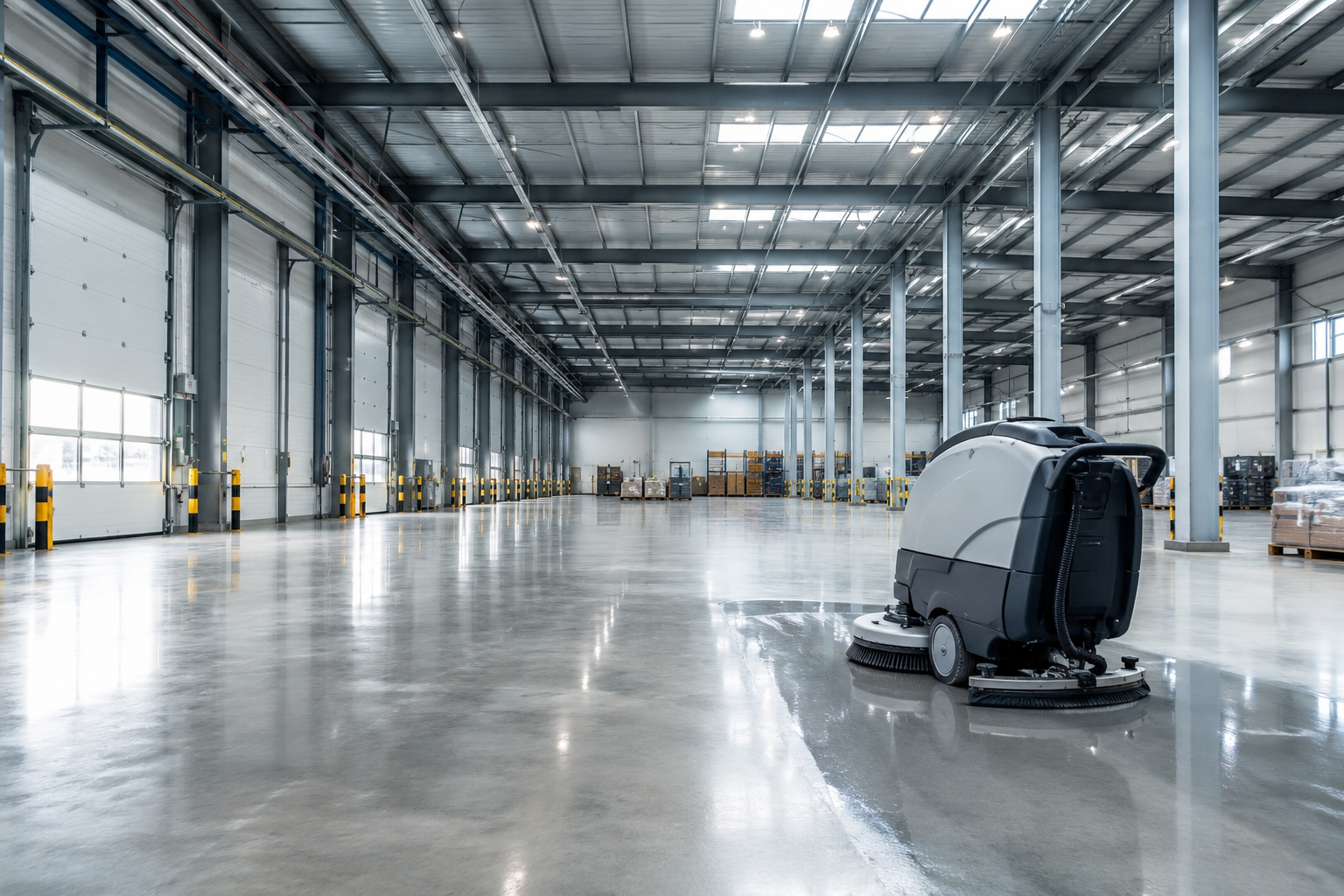 Un robot barredora en un almacén vacío y amplio con estanterías y cajas en el fondo, techos altos y luz natural.