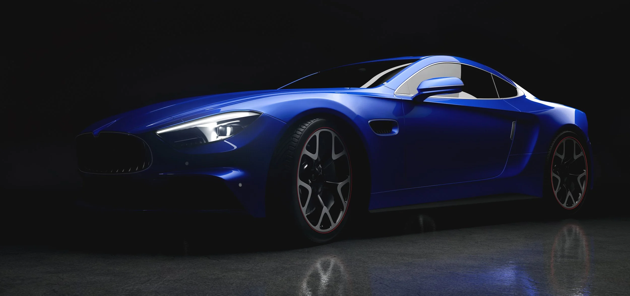 A sleek, blue sports car with modern design details in a dark environment.