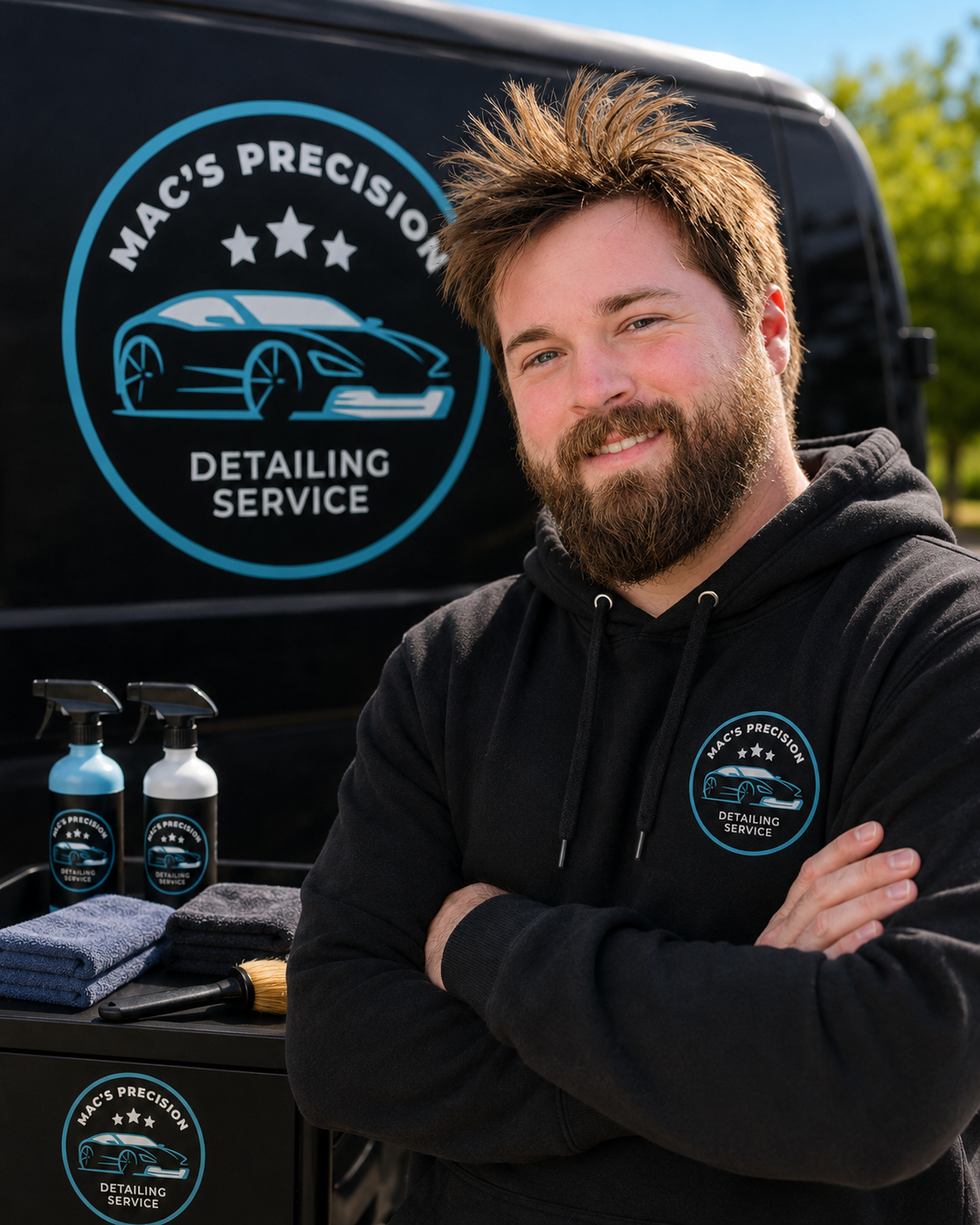 A smiling man with a beard stands with arms crossed, wearing a black hoodie with a logo for Mac's Precision Detailing Service, in front of a van with the same logo. There are bottles, towels, and cleaning supplies on a table beside him.