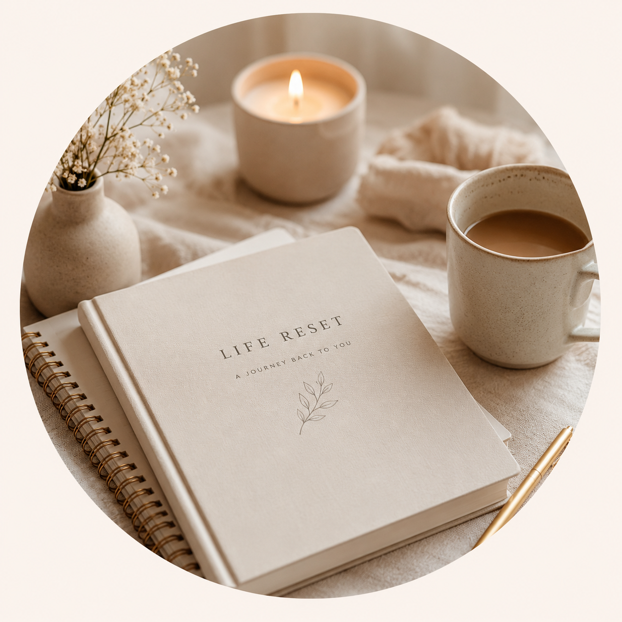 A journal titled 'Life Reset: A Journey Back To You' placed on a spiral notebook, with a coffee mug, a lit candle, a small vase with flowers, and a gold pen arranged on a soft fabric surface.