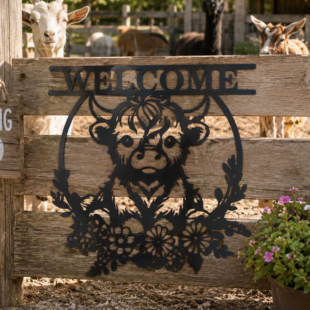 Baby Highland Cow with Flowers Welcome Sign