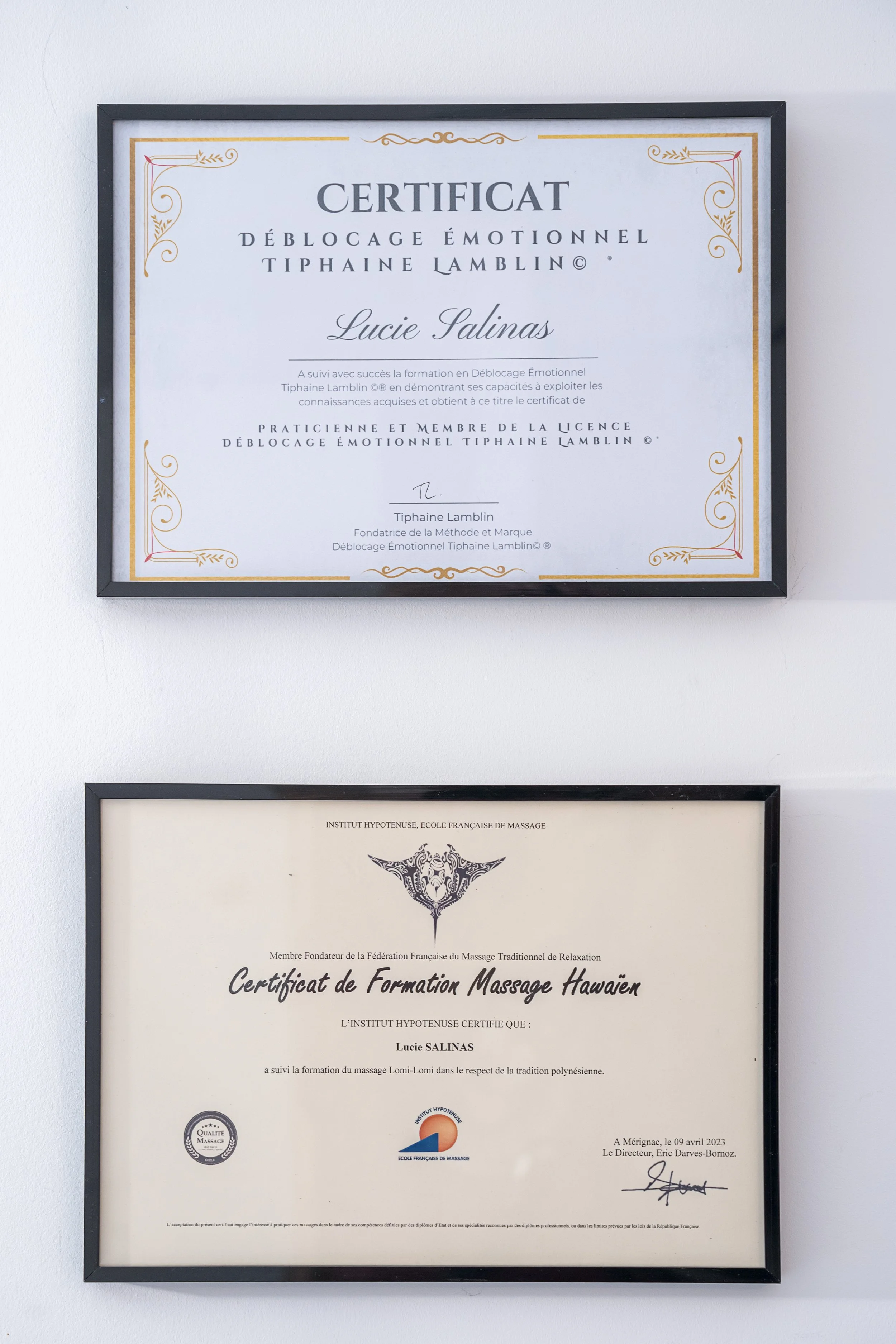 Diplômes de Lucie Salinas — cabinet Biarritz