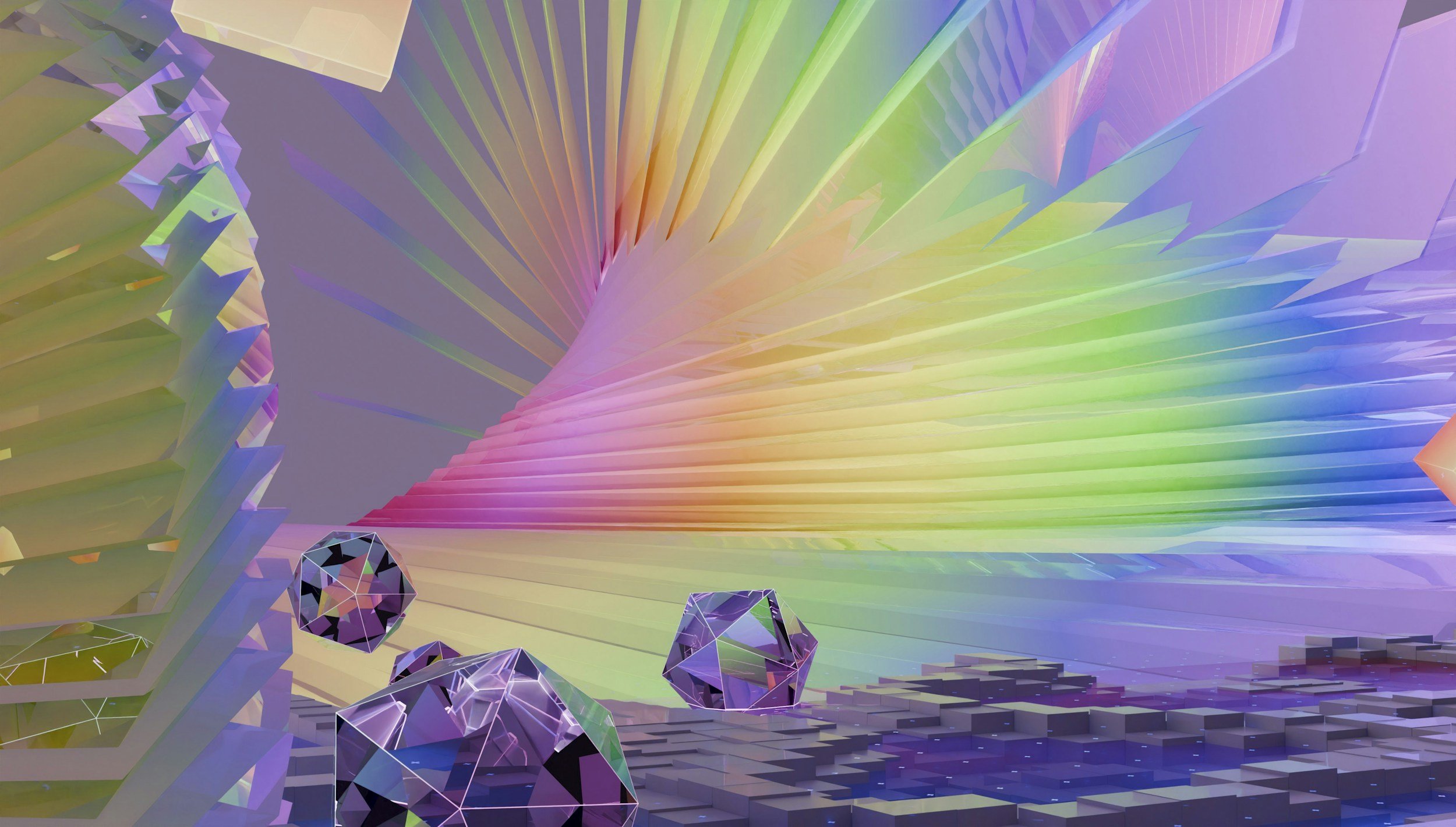 A colorful abstract digital artwork with swirling pastel hues, geometric shapes, and faceted crystals.