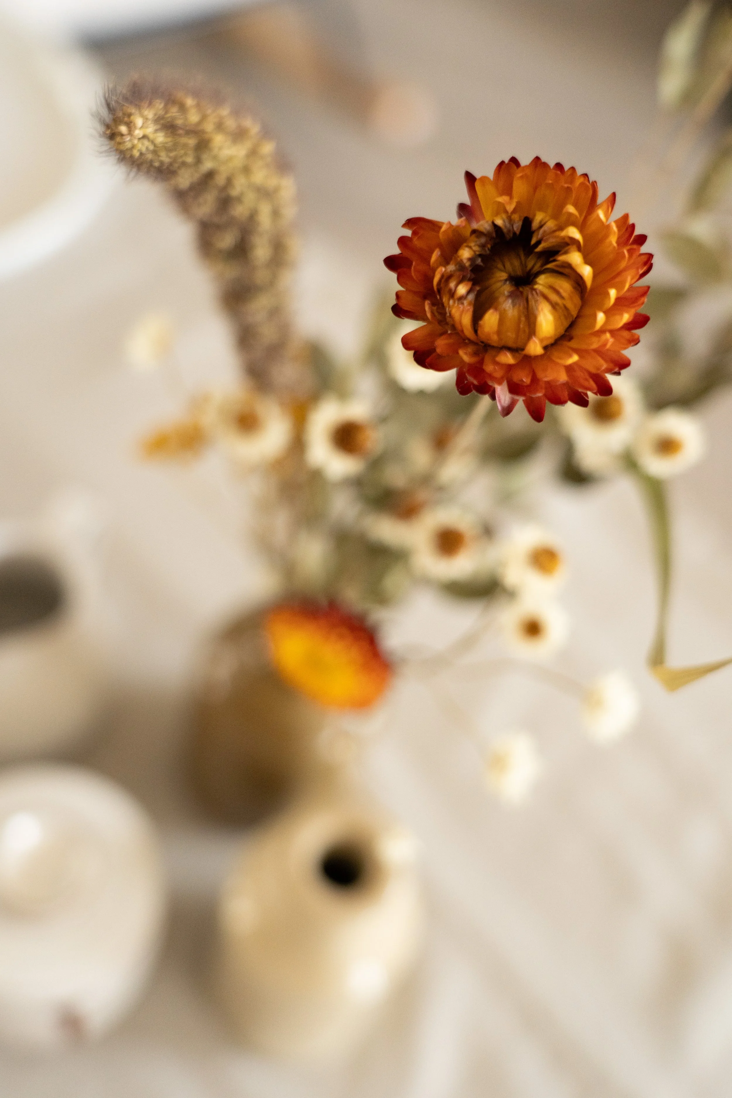 Close-up of a small, orange flower, on  a table set up for a private dining event in Devon