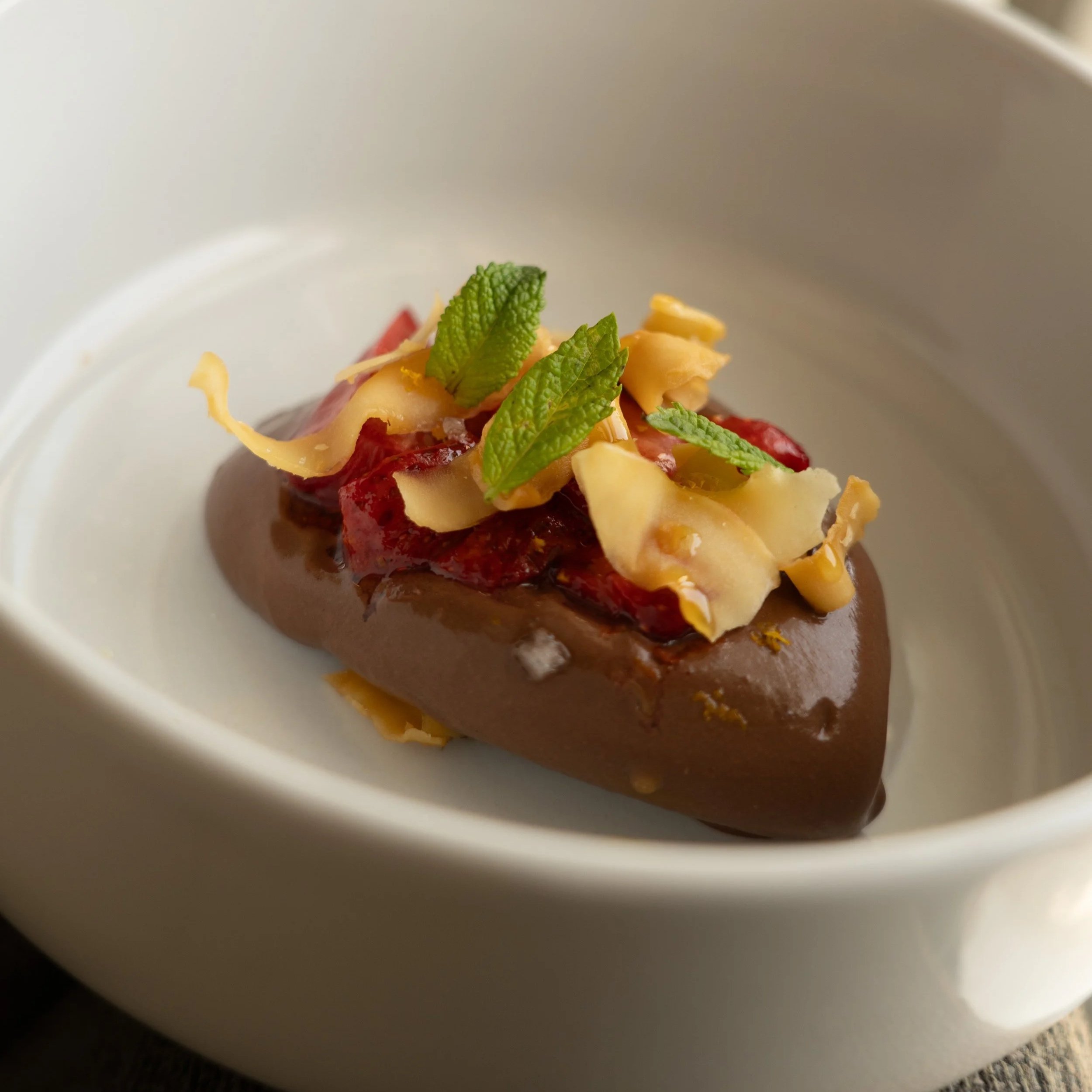 chocolate dessert, served on a white plate at a private chef event in south devon