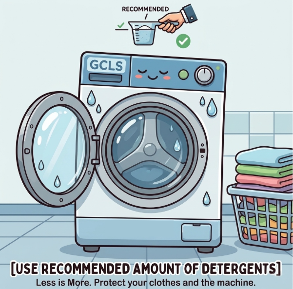 Illustration of a washing machine with a smiling face in a laundry room, a basket of folded clothes nearby, and a hand measuring detergent above, with the text 'Use recommended amount of detergents' and tips to protect clothes and the machine.