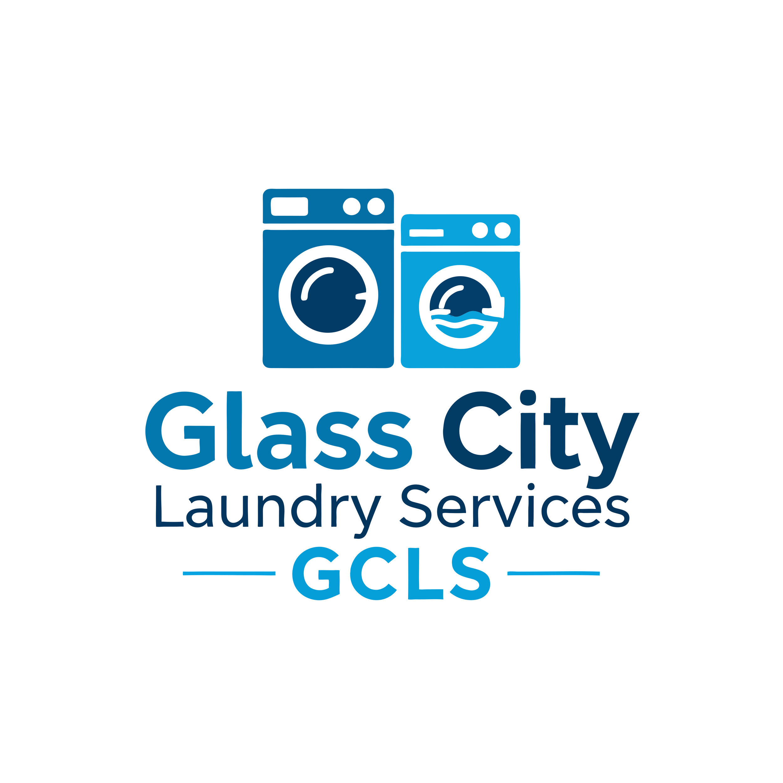 Logo for Glass City Laundry Services with a graphic of two washing machines in blue tones.