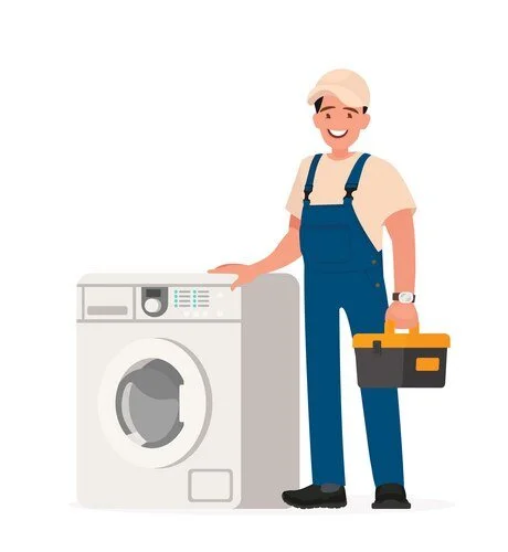 Cartoon character in overalls with a cap, holding a toolbox, standing next to a washing machine.