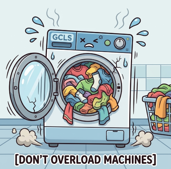 A cartoon illustration of a washing machine overflowing with colorful clothes, with water splashing out and steam rising. The washing machine has a sad face, and there's a laundry basket filled with clothes nearby. The caption reads 'DON'T OVERLOAD MACHINES.'