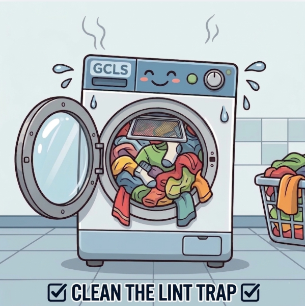 A cartoon illustration of a washing machine with clothes overflowing from the open door, steam rising from the top, and a laundry basket filled with colorful clothes nearby. The washing machine has a label reading "GCLS" and a sticker saying "Clean the lint trap."