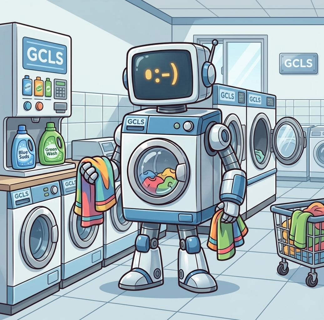A cartoon robot with a smiling, digital face is doing laundry in a laundromat. The robot is holding colorful clothes in each hand, standing in front of washing machines filled with laundry, and there is a shopping cart with clothes nearby.