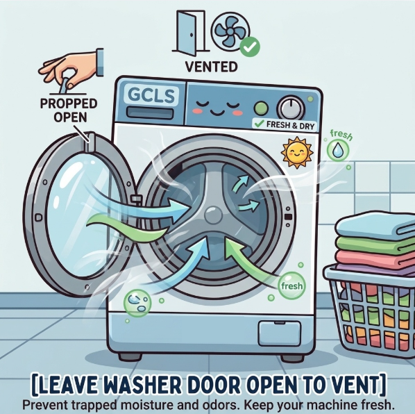 Illustration of a washing machine with a warning to leave the door open to vent, preventing moisture and odors, with icons showing it is vented and fresh, and a laundry basket with folded clothes nearby.