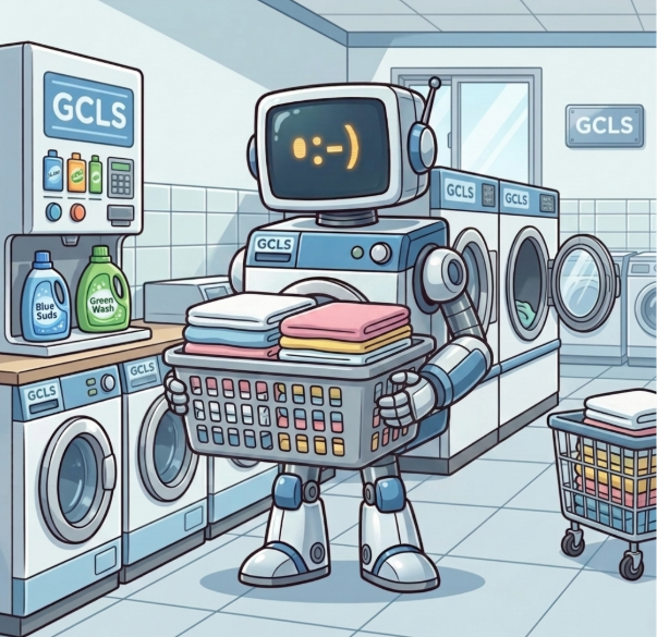 Cartoon robot in laundromat holding a basket of folded clothes, surrounded by washing machines and vending machines with laundry supplies.