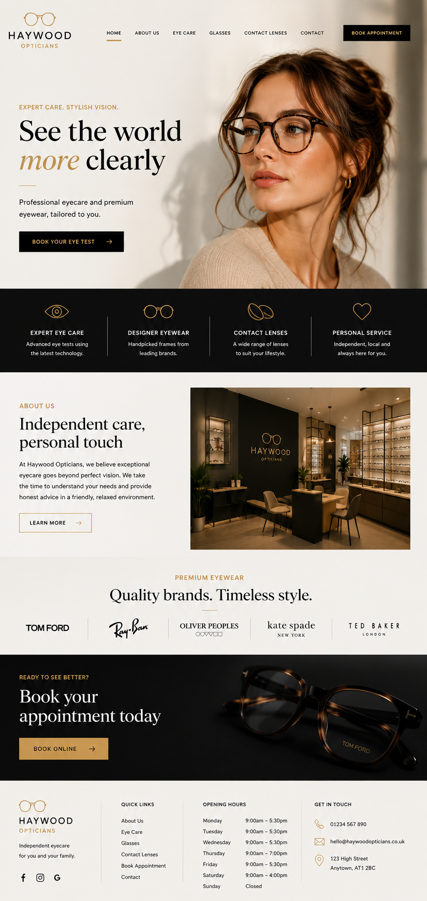Homepage of Haywood Opticians featuring a woman wearing glasses, with navigation menu, call to action buttons, and sections about eye care services, eyewear brands, and appointment booking.