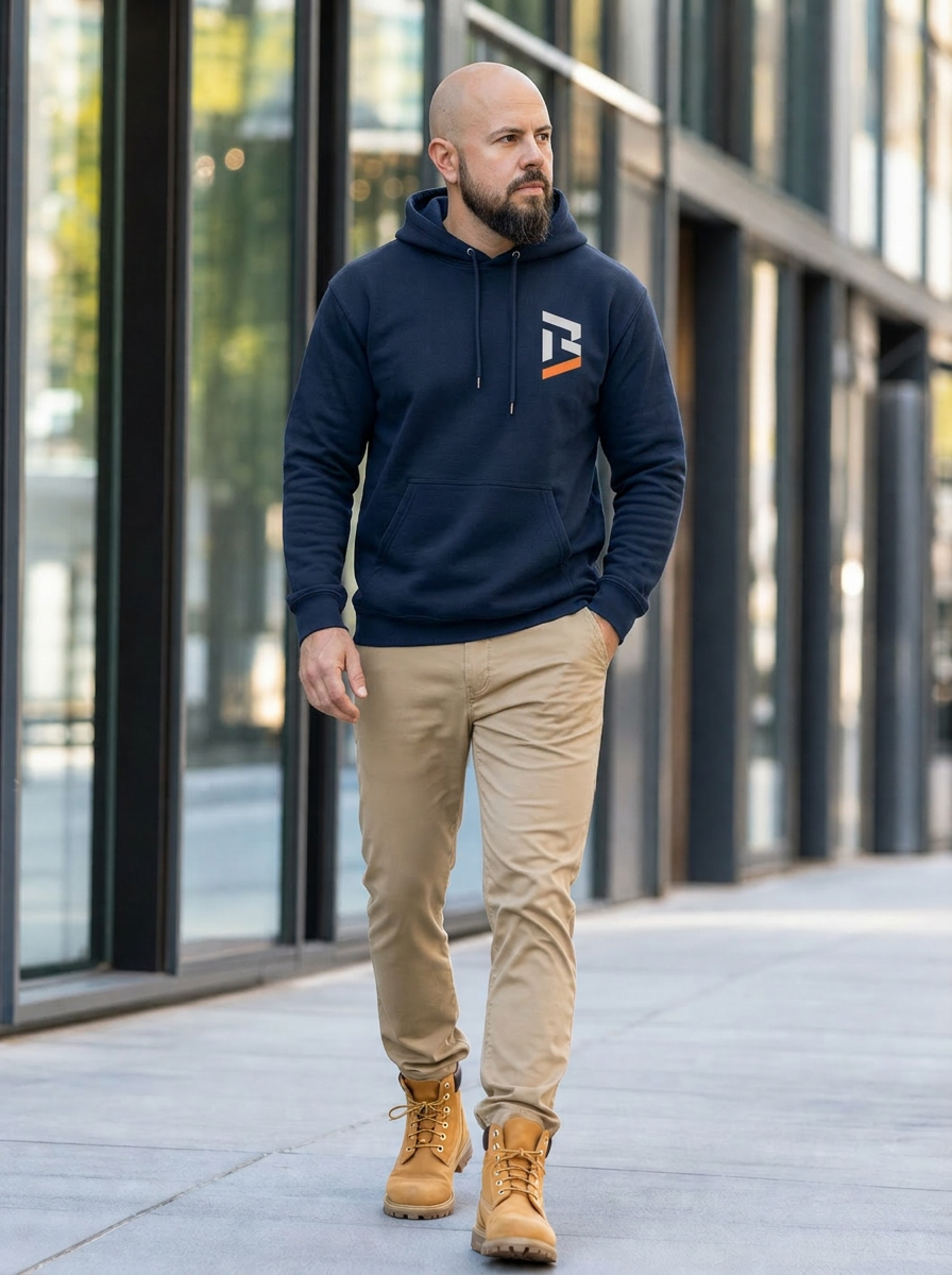 Man walking outdoors in urban setting, wearing a navy blue hoodie with logo, beige pants, and tan work boots.