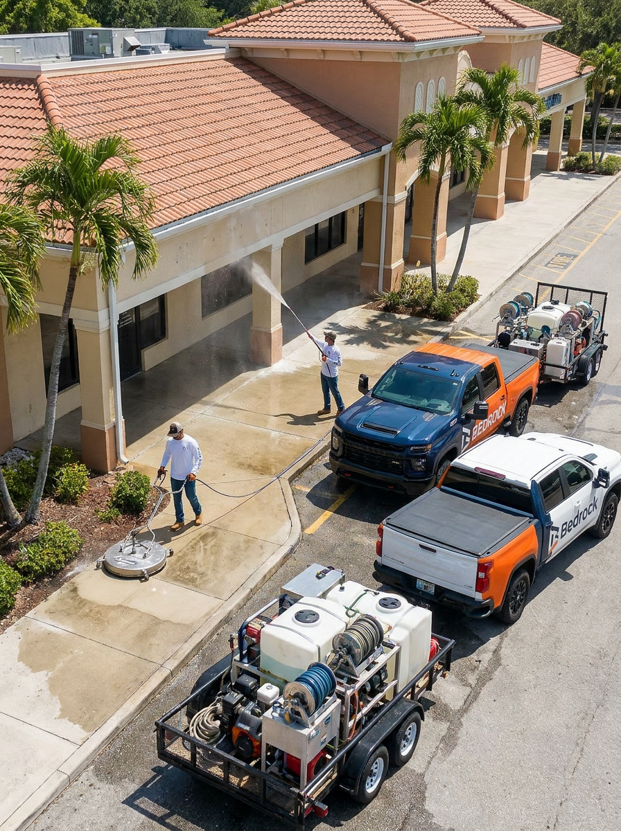 Two workers pressure washing the sidewalk in front of a commercial building, with two parked trucks and palm trees nearby.