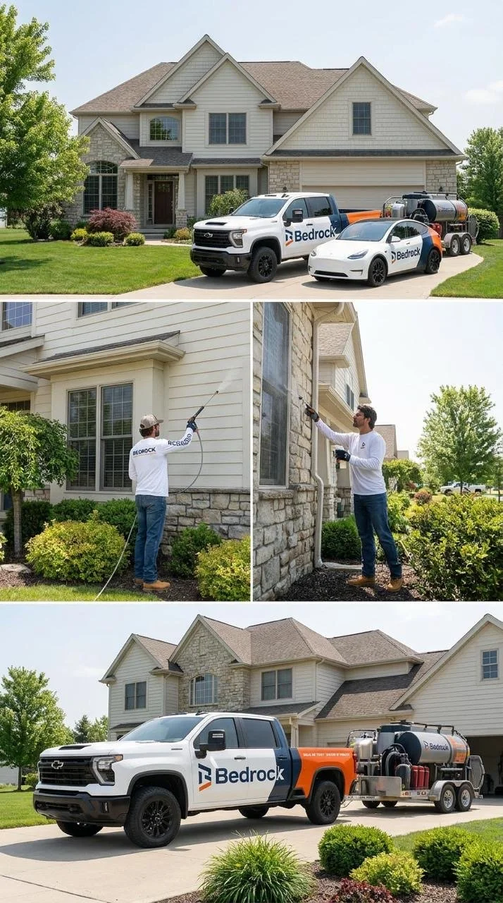 A two-story house with beige siding and stone accents, surrounded by green grass and trees. Two workers in branded Bedrock shirts are pressure washing the house exterior. A white and orange Bedrock truck and a smaller service vehicle are parked in the driveway.