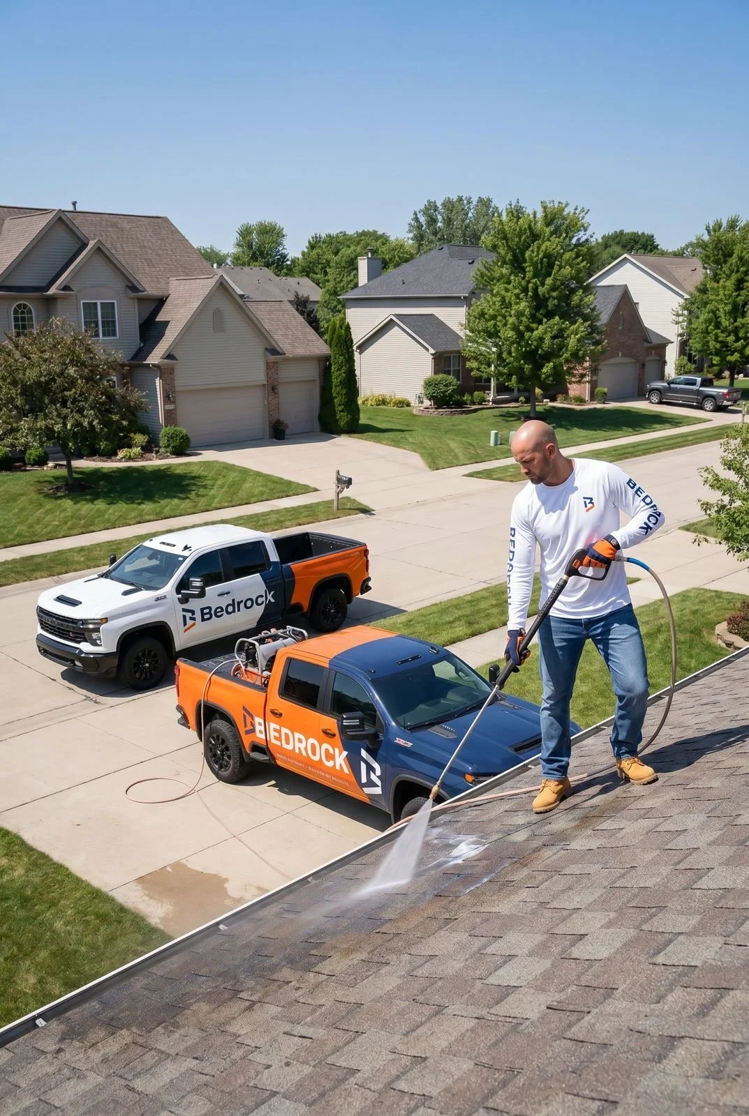A man is pressure washing the roof of a house during daytime. There are two pickup trucks with the Bedrock logo parked on the driveway, and a row of suburban houses and green trees in the background.