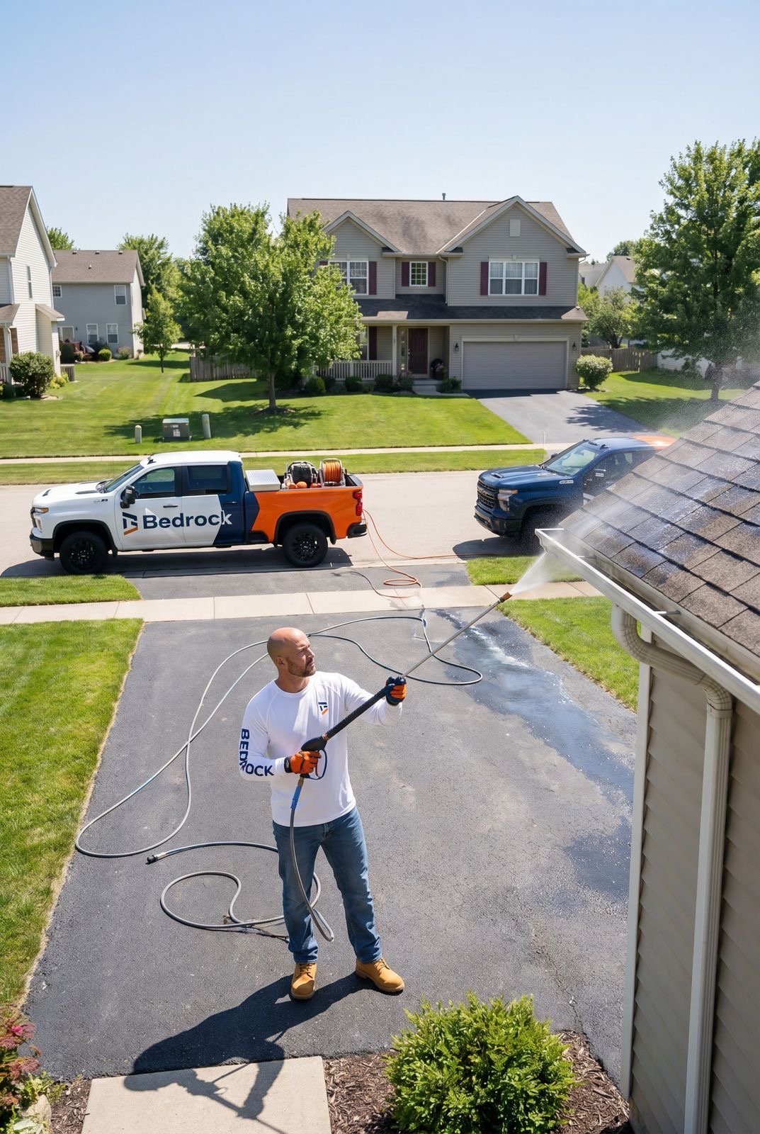 A man cleaning the roof of a house using a pressure washer. The man is wearing a white long-sleeve shirt with blue text, jeans, and gloves. A Bedrock truck is parked on the street, connected to a black car with a hose. The neighborhood has well-maintained lawns and houses.
