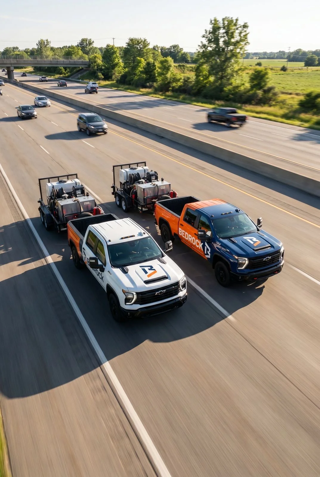Two Chevrolet pickup trucks with Bedrock logos, one white and one orange, towing equipment on the highway.