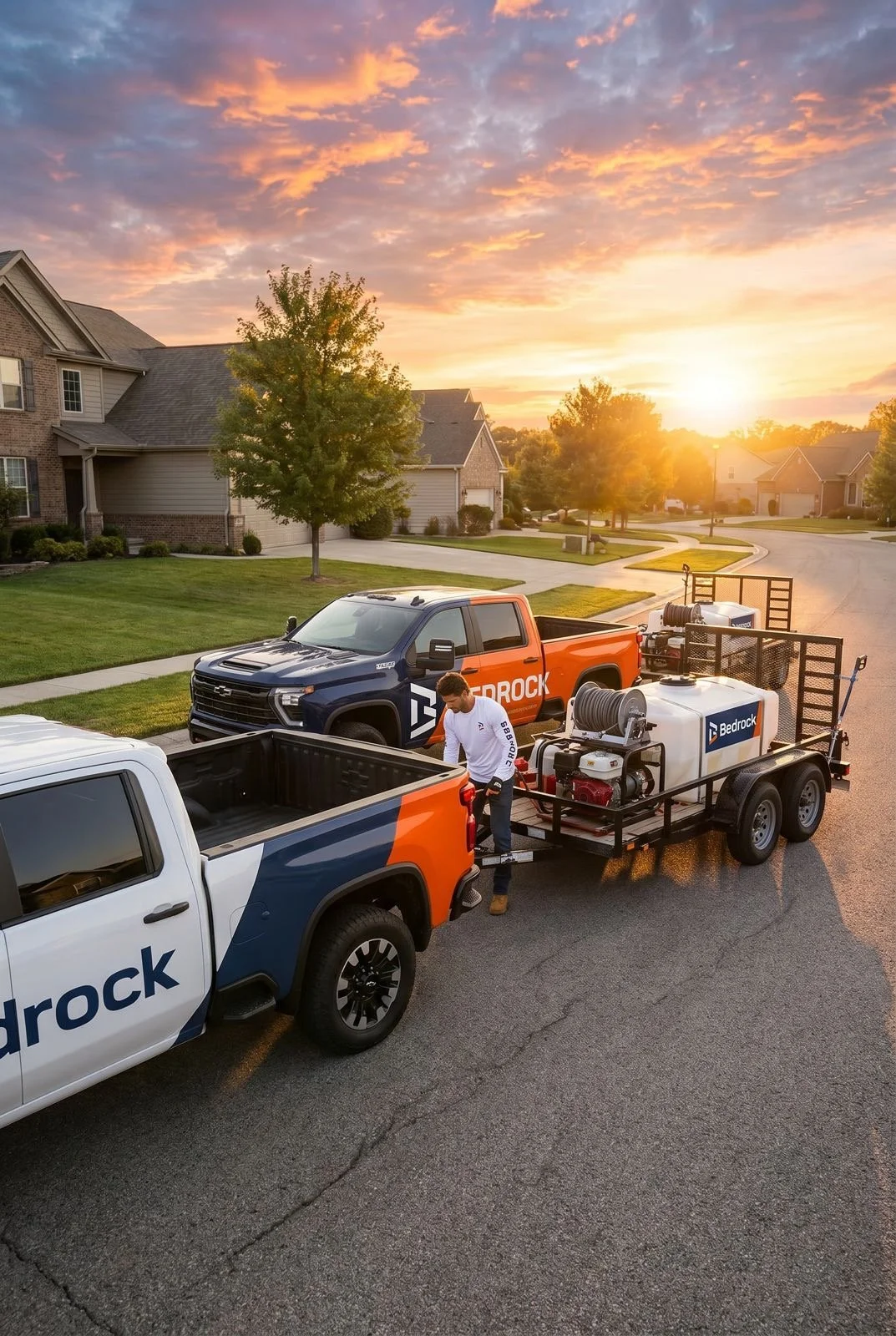 A man loading equipment onto a pickup truck parked in a suburban neighborhood during sunset.
