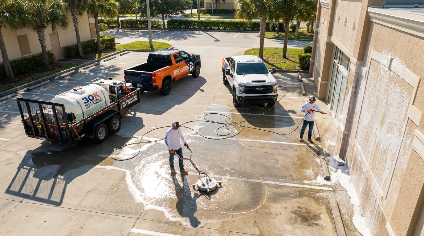 Two workers power washing a concrete parking lot outside a building, with parked trucks and palm trees visible in the background.