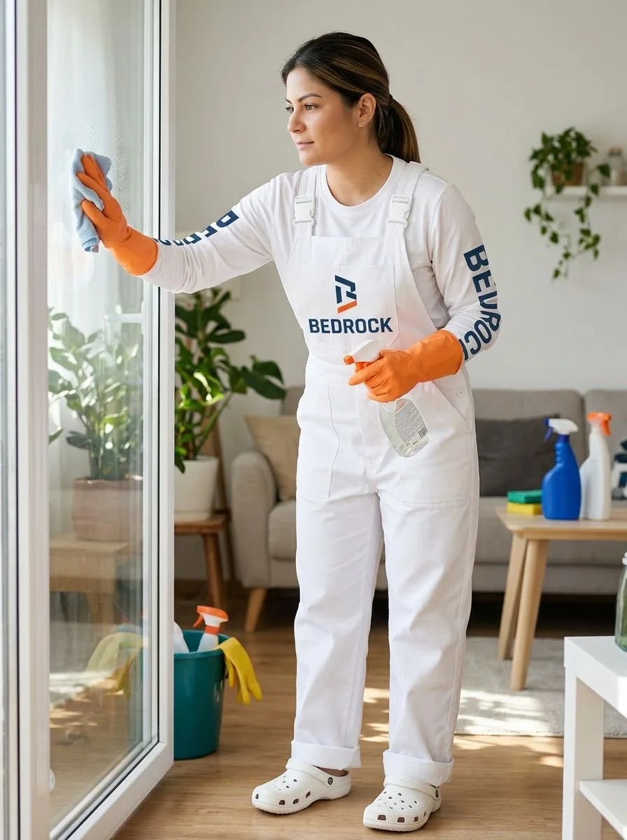 A woman in white work overalls, wearing orange gloves and Crocs, is cleaning a glass door inside a living room with a spray bottle and cloth.