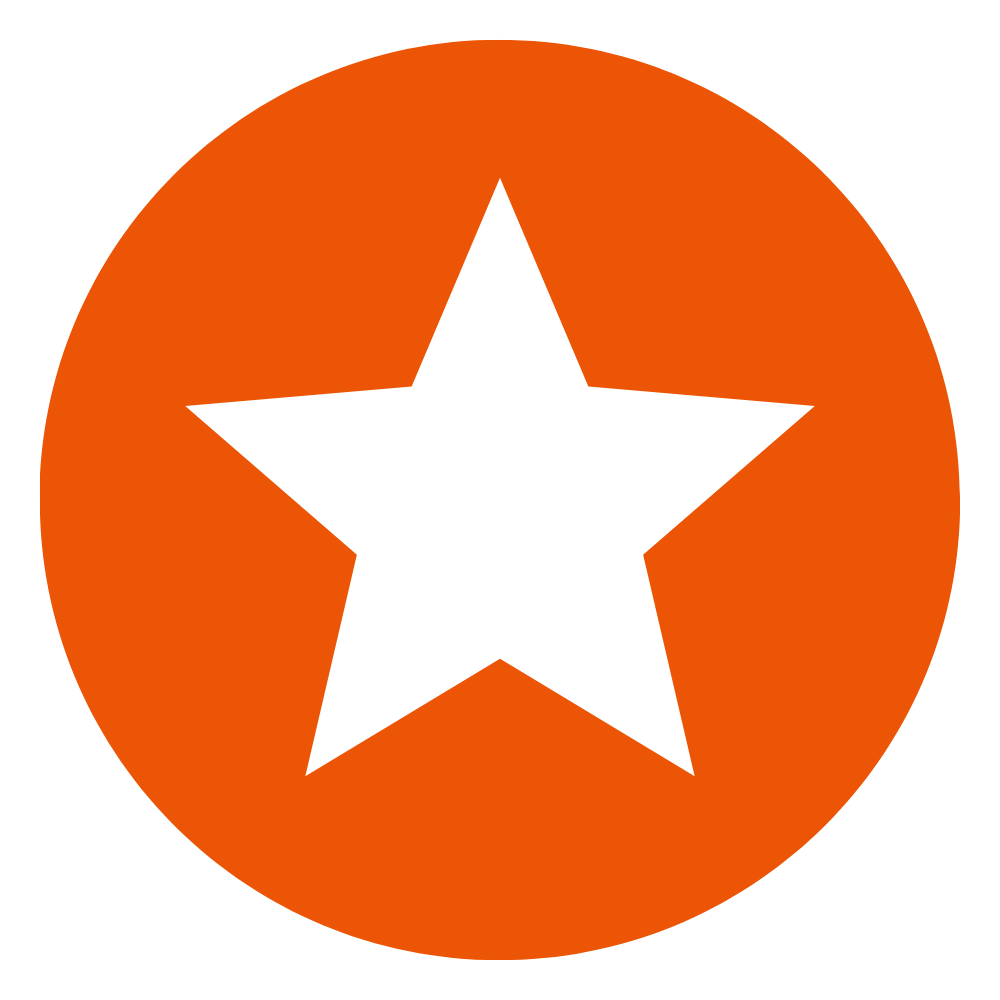 White star inside an orange circle with a black background.