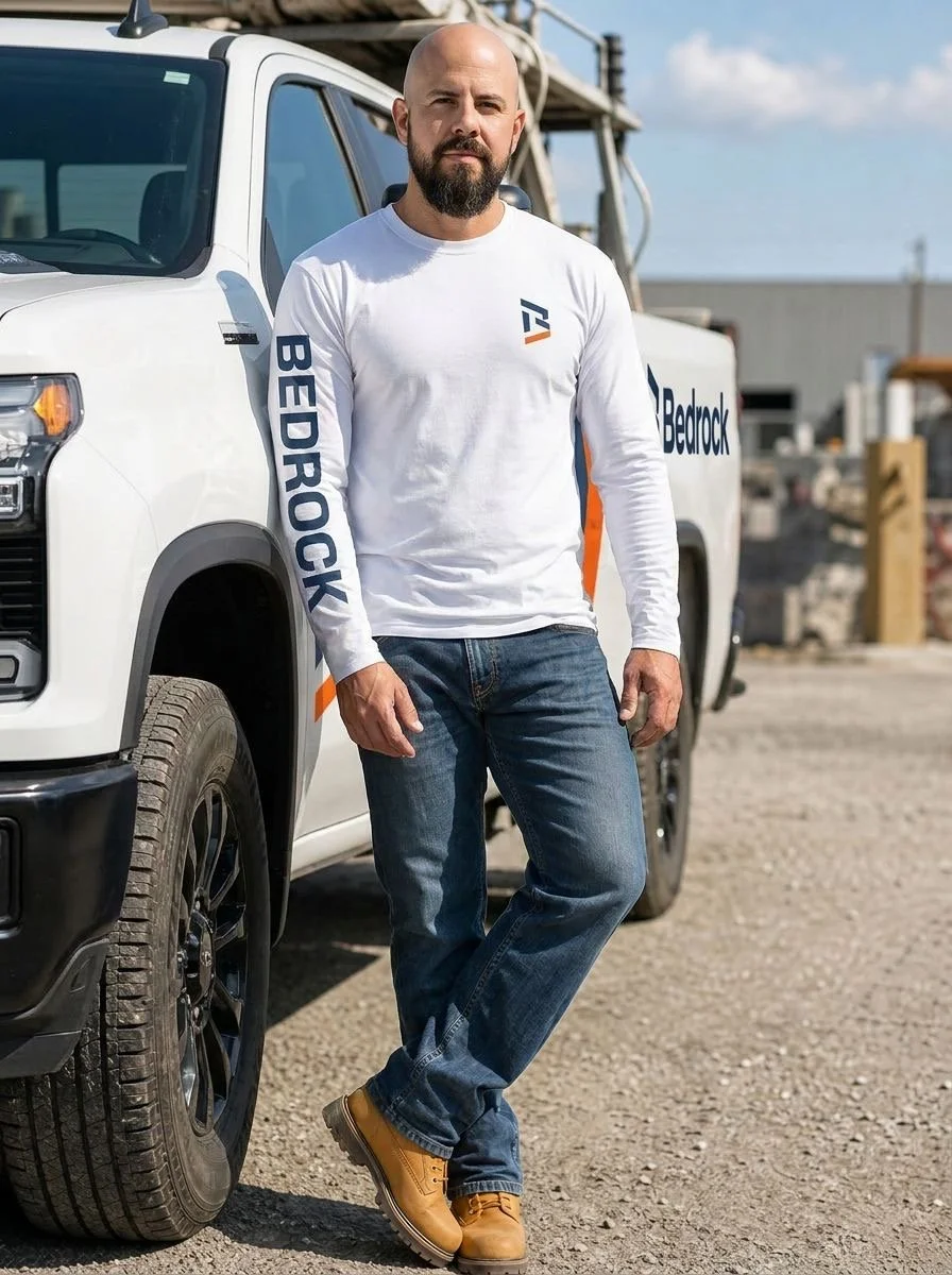 A man with a beard and a serious expression standing next to a white pickup truck at an outdoor construction site. He is wearing a white long sleeve shirt with the logo and the word 'BEDROCK' on the sleeves, blue jeans, and tan work boots.