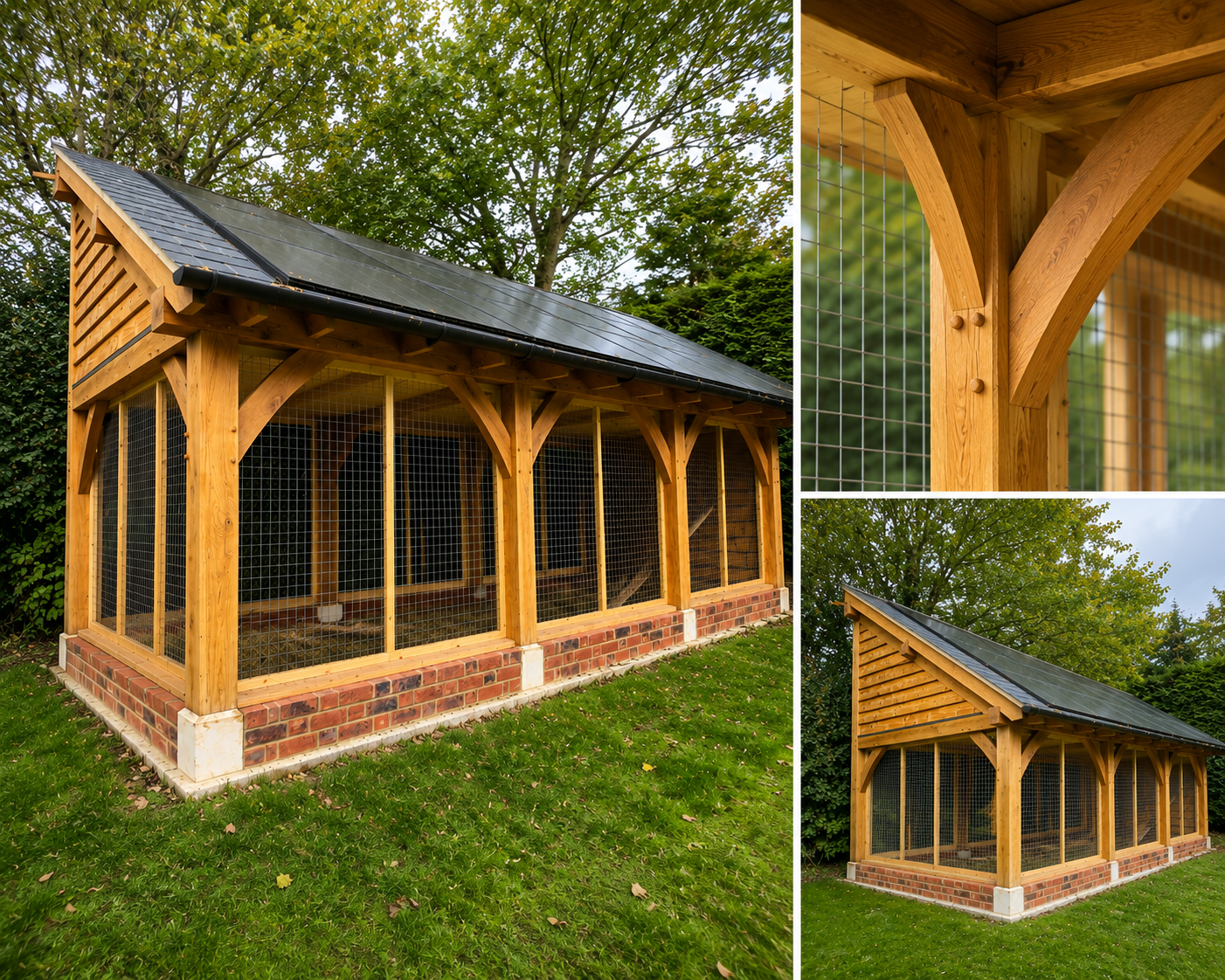 collage image of an oak gazebo housing a chicken coup