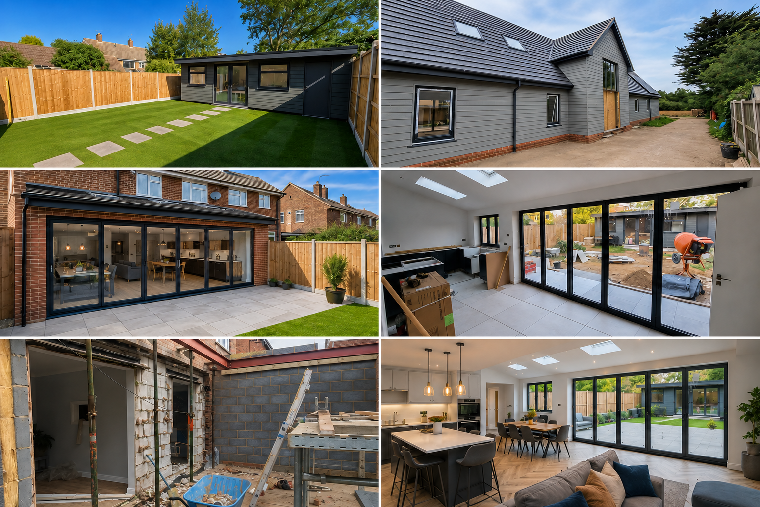 Series of images showing the progress of a home renovation. Includes an outdoor backyard, a house exterior, a living room with large glass doors, ongoing construction with building materials, and a finished open-concept kitchen and living area with large windows.