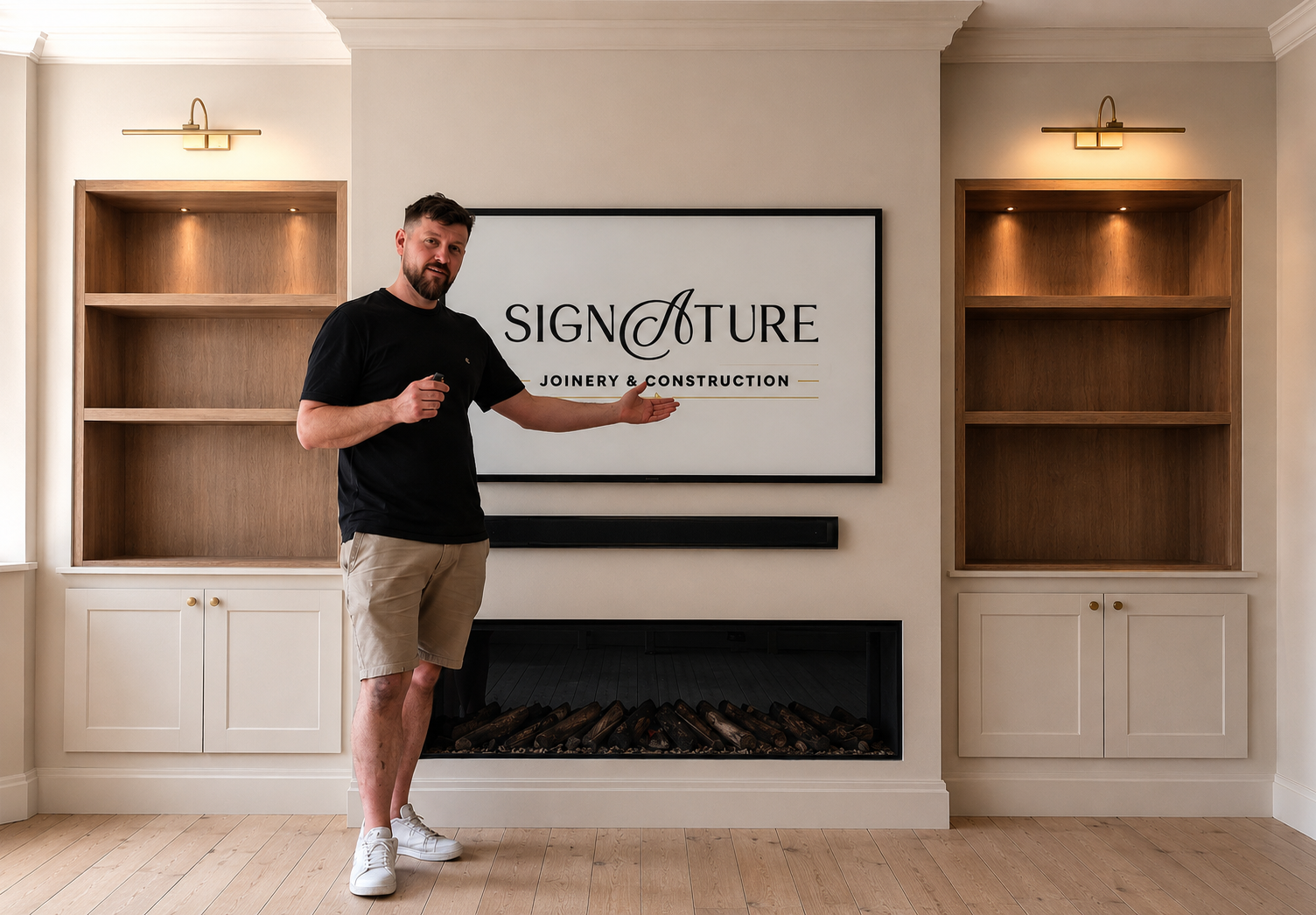 Ryan showcasing a media wall made by signature joinery and construction
