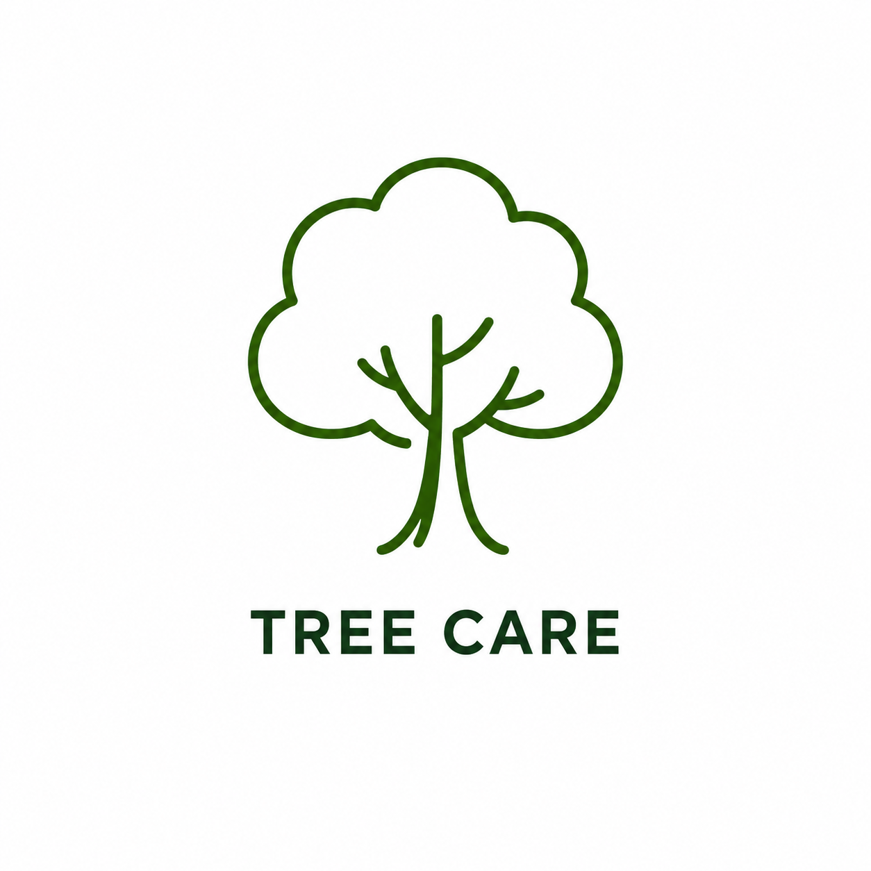 Green outline drawing of a tree with the words 'Tree Care' underneath.