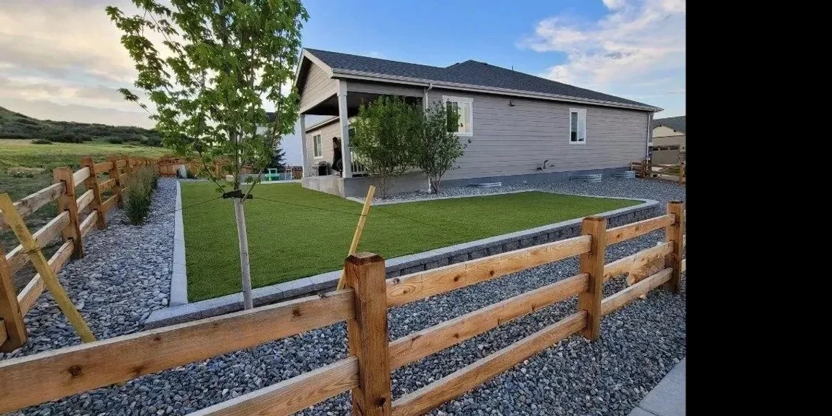 A backyard with a newly planted small tree, a lush green lawn, a wooden fence, and a house with a porch in the background.