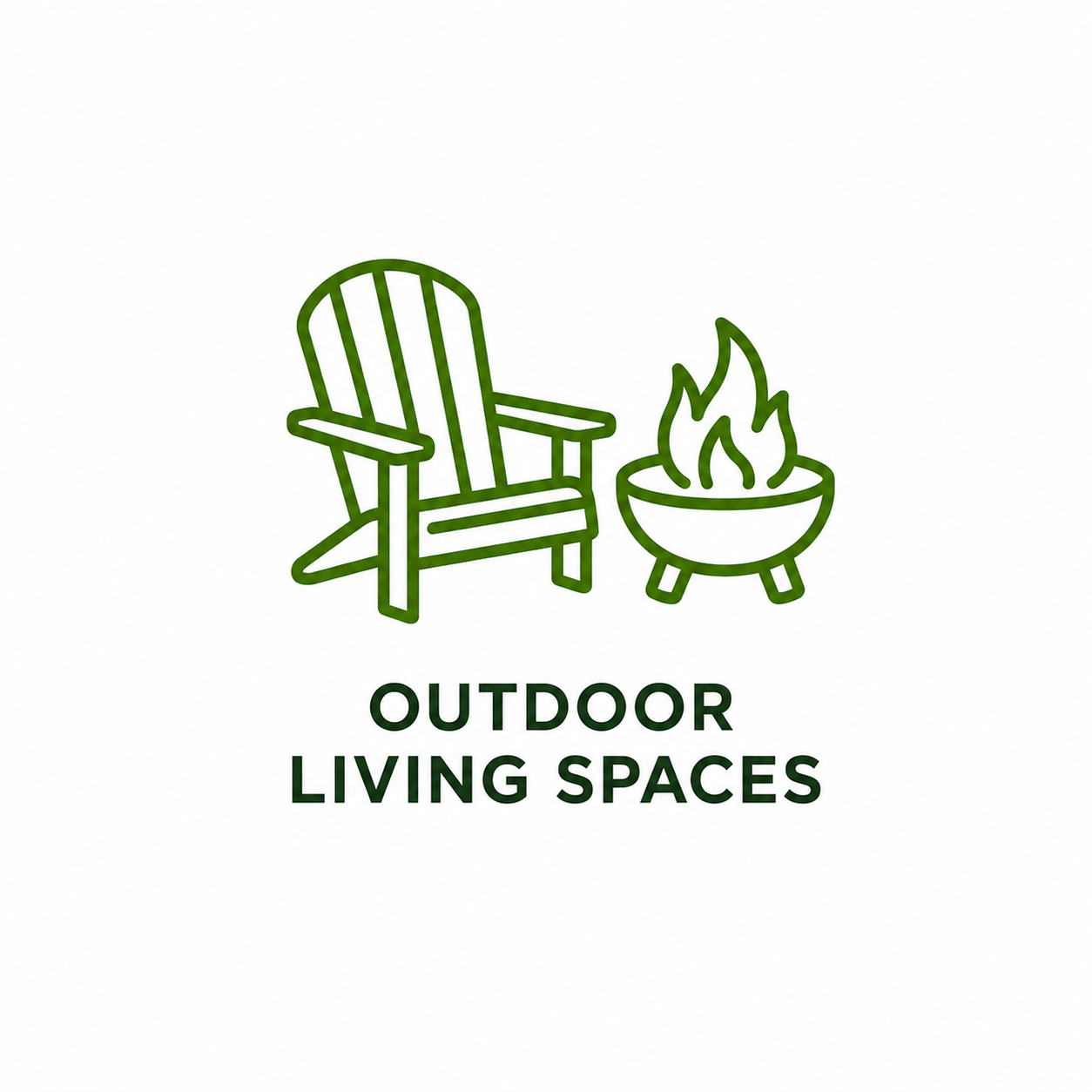 Illustration of a green outdoor chair and fire pit with flames, with the text 'Outdoor Living Spaces' beneath.