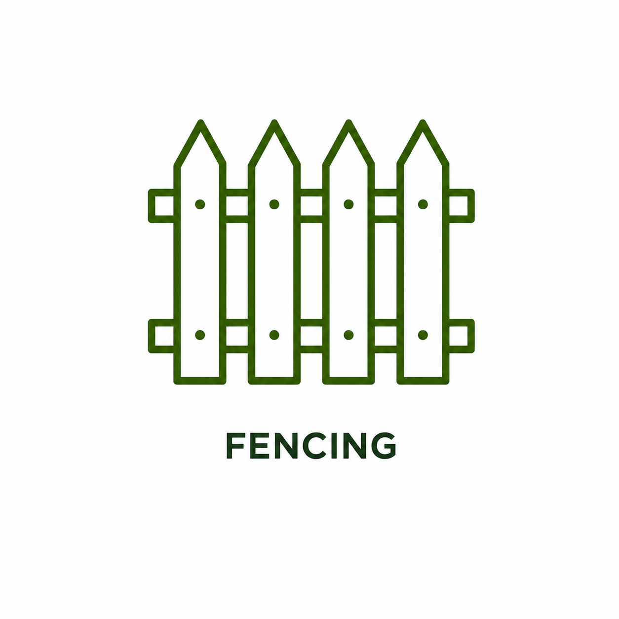 Line drawing of a green wooden fence with pointed pickets, labeled 'FENCING' beneath it.