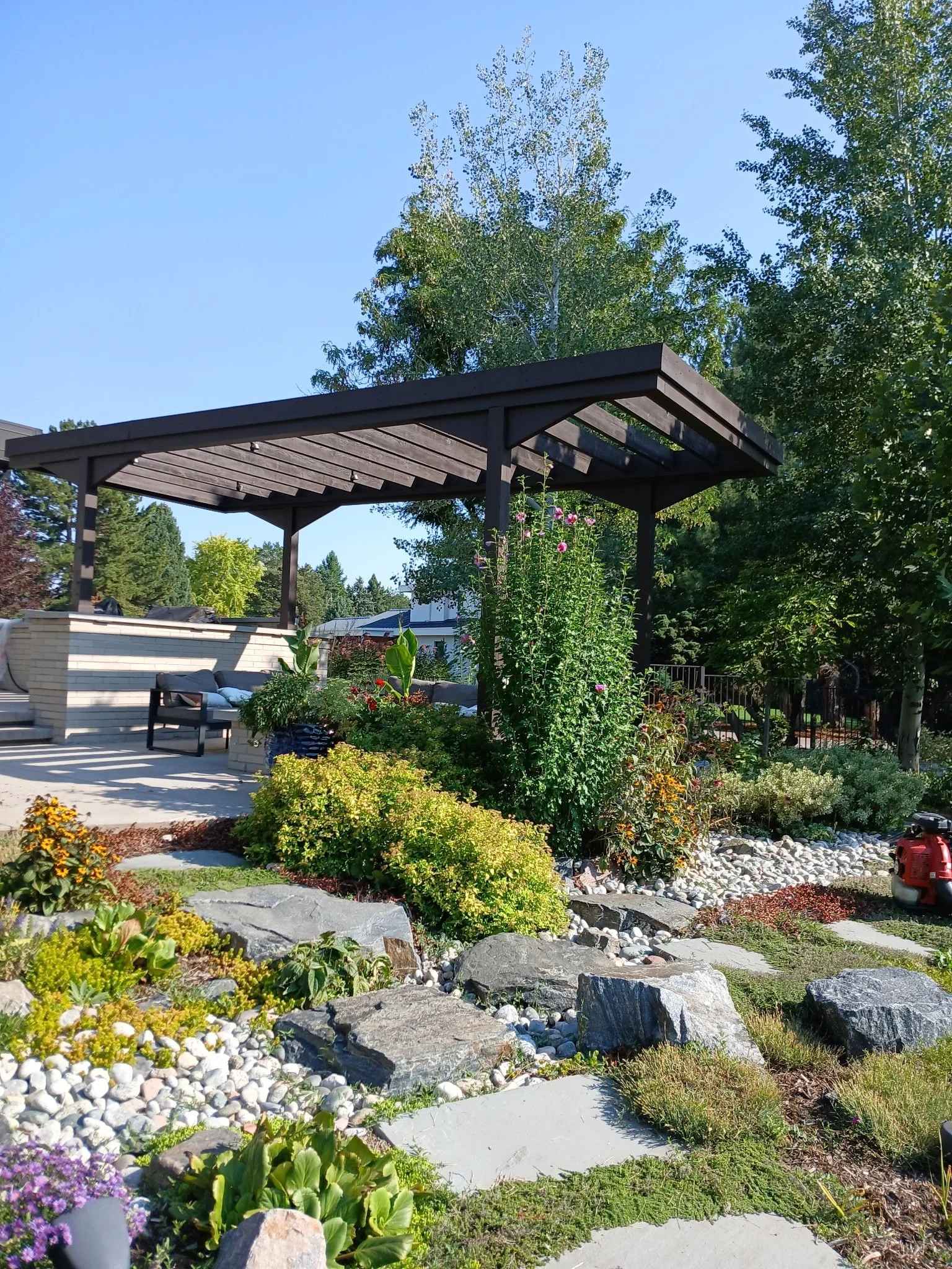 A backyard garden with a wooden pergola, lush greenery, colorful flowers, and decorative rocks, under a clear blue sky.