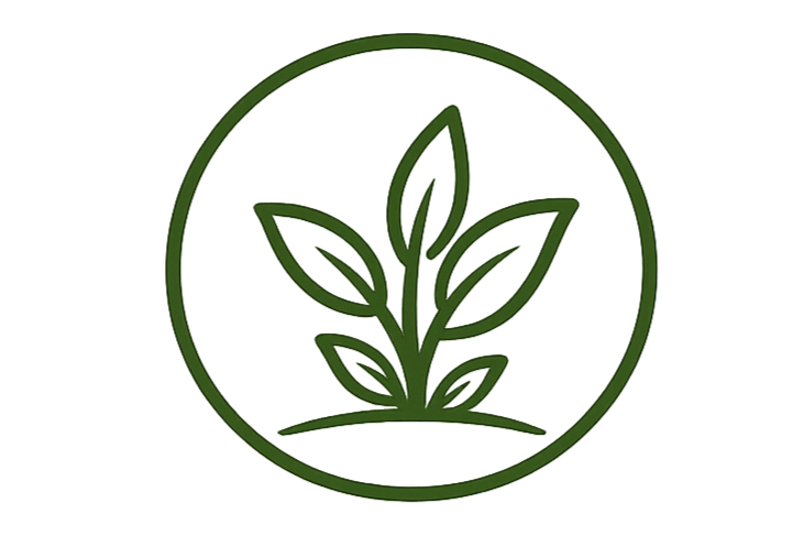 Green outline of a plant with several leaves inside a circular border.