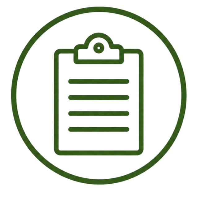 Green outline icon of a clipboard with lists inside, surrounded by a circular border.